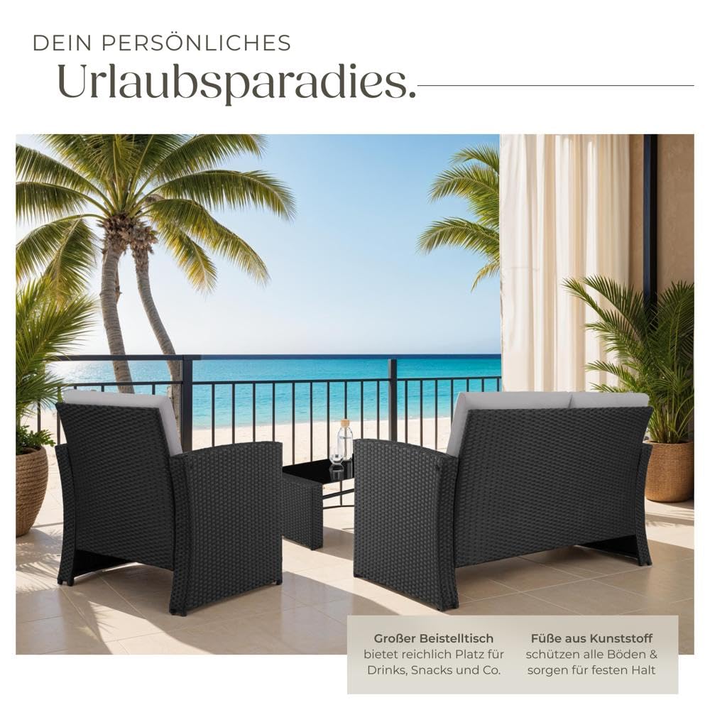 tectake® Lounge Gartenmöbel Set aus Polyrattan – 12-teiliges Outdoor Set mit Sofa, Sesseln & Tisch für 4 Personen, Wetterfest, Schwarz/Grau