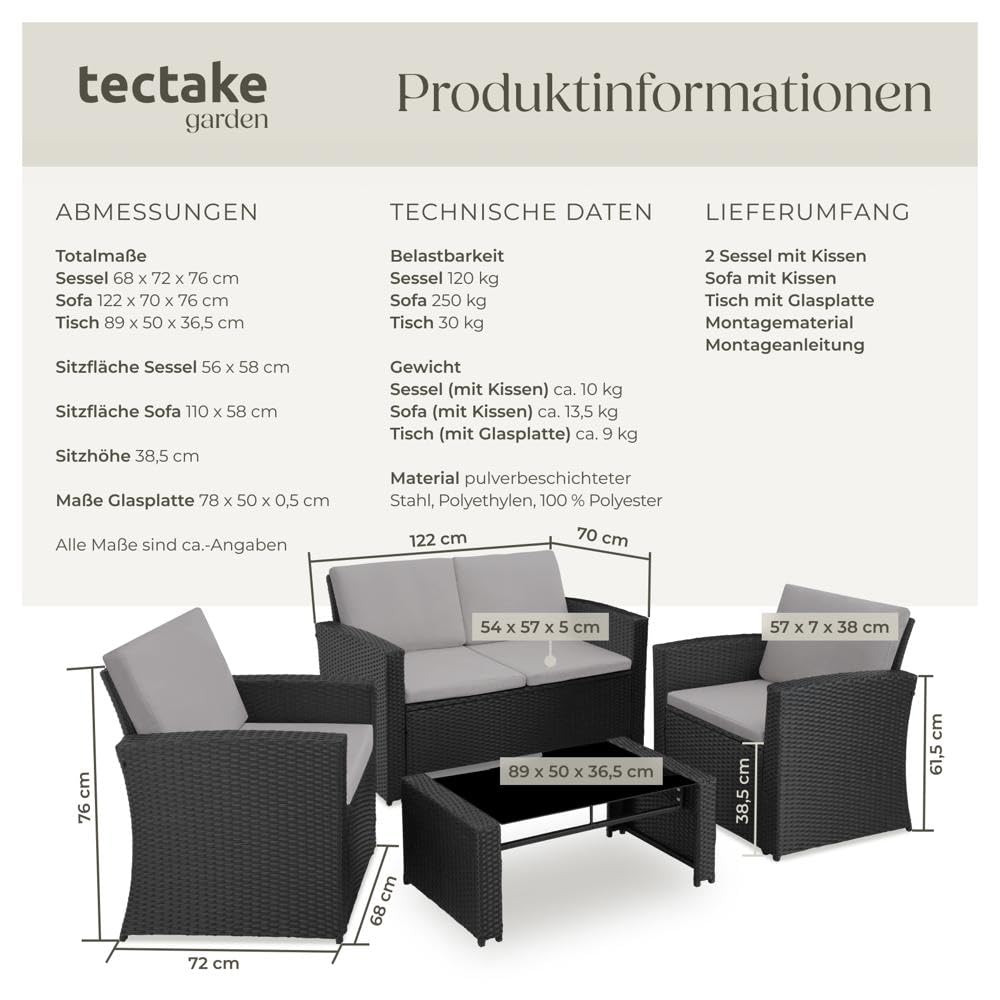 tectake® Lounge Gartenmöbel Set aus Polyrattan – 12-teiliges Outdoor Set mit Sofa, Sesseln & Tisch für 4 Personen, Wetterfest, Schwarz/Grau