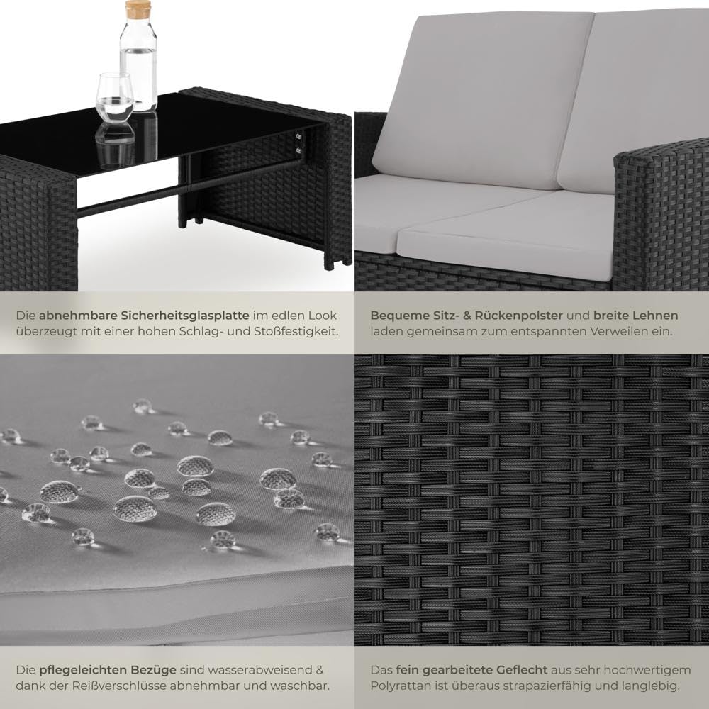tectake® Lounge Gartenmöbel Set aus Polyrattan – 12-teiliges Outdoor Set mit Sofa, Sesseln & Tisch für 4 Personen, Wetterfest, Schwarz/Grau