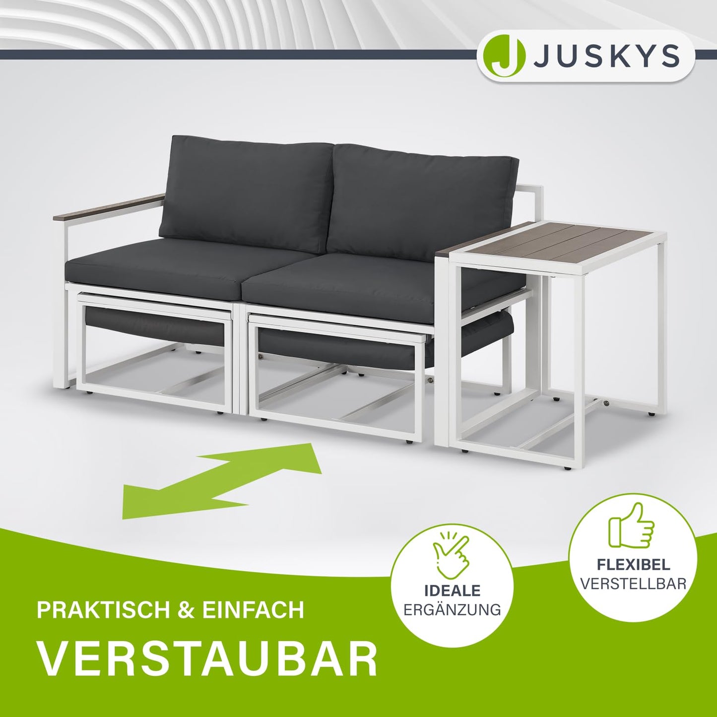Juskys Gartenmöbel Sofa Set 5-teilig Bari mit Tisch & Polster - Metall Gartenlounge - Balkonmöbel klein - Outdoor Möbel Balkon Garten - Lounge Grau