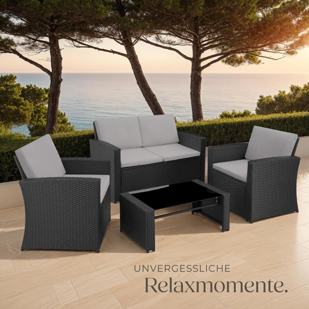 tectake® Lounge Gartenmöbel Set aus Polyrattan – 12-teiliges Outdoor Set mit Sofa, Sesseln & Tisch für 4 Personen, Wetterfest, Schwarz/Grau