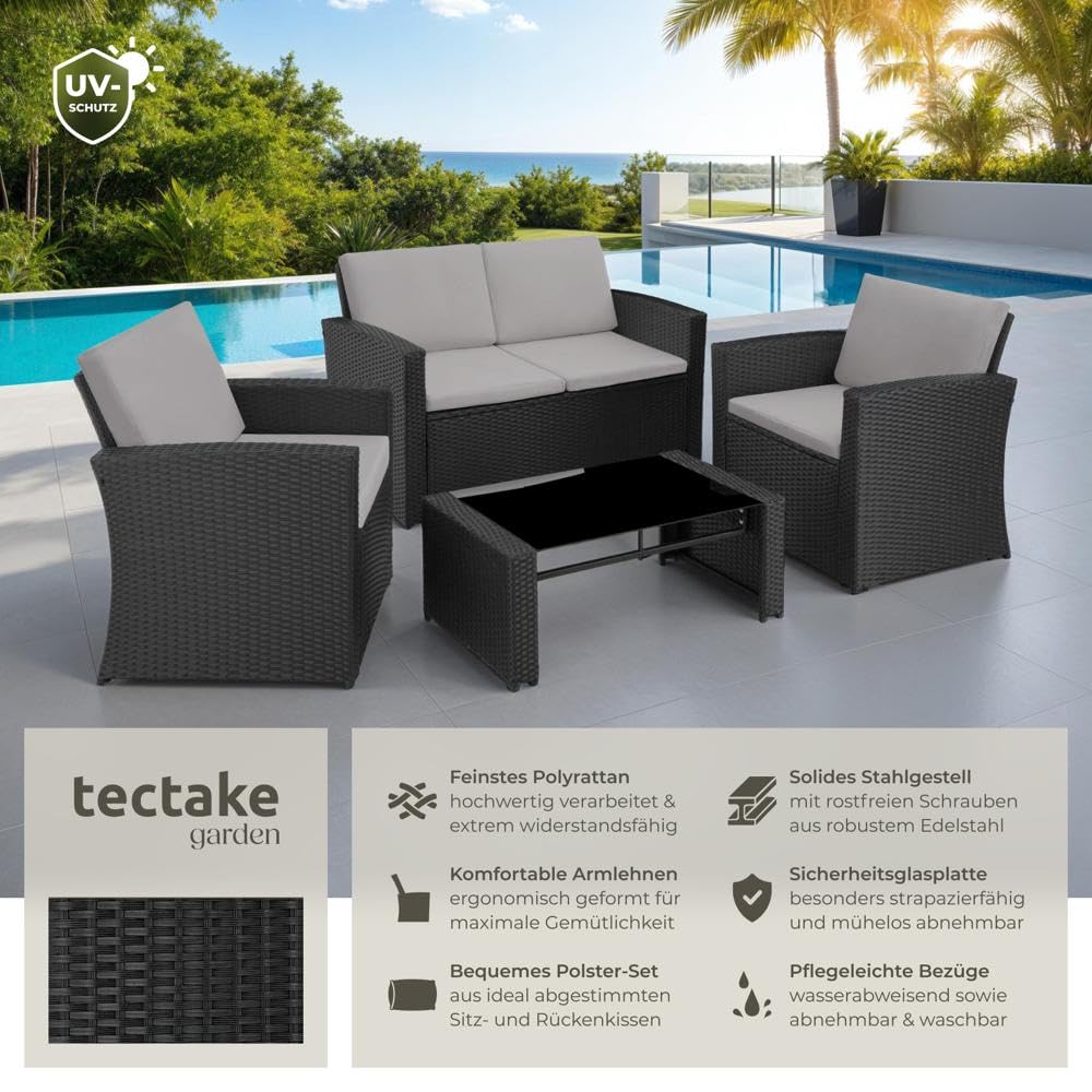 tectake® Lounge Gartenmöbel Set aus Polyrattan – 12-teiliges Outdoor Set mit Sofa, Sesseln & Tisch für 4 Personen, Wetterfest, Schwarz/Grau