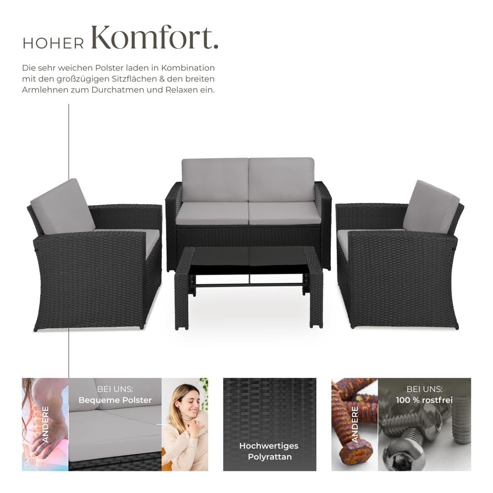 tectake® Lounge Gartenmöbel Set aus Polyrattan – 12-teiliges Outdoor Set mit Sofa, Sesseln & Tisch für 4 Personen, Wetterfest, Schwarz/Grau