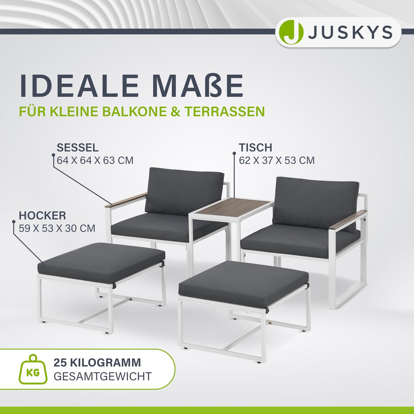 Juskys Gartenmöbel Sofa Set 5-teilig Bari mit Tisch & Polster - Metall Gartenlounge - Balkonmöbel klein - Outdoor Möbel Balkon Garten - Lounge Grau
