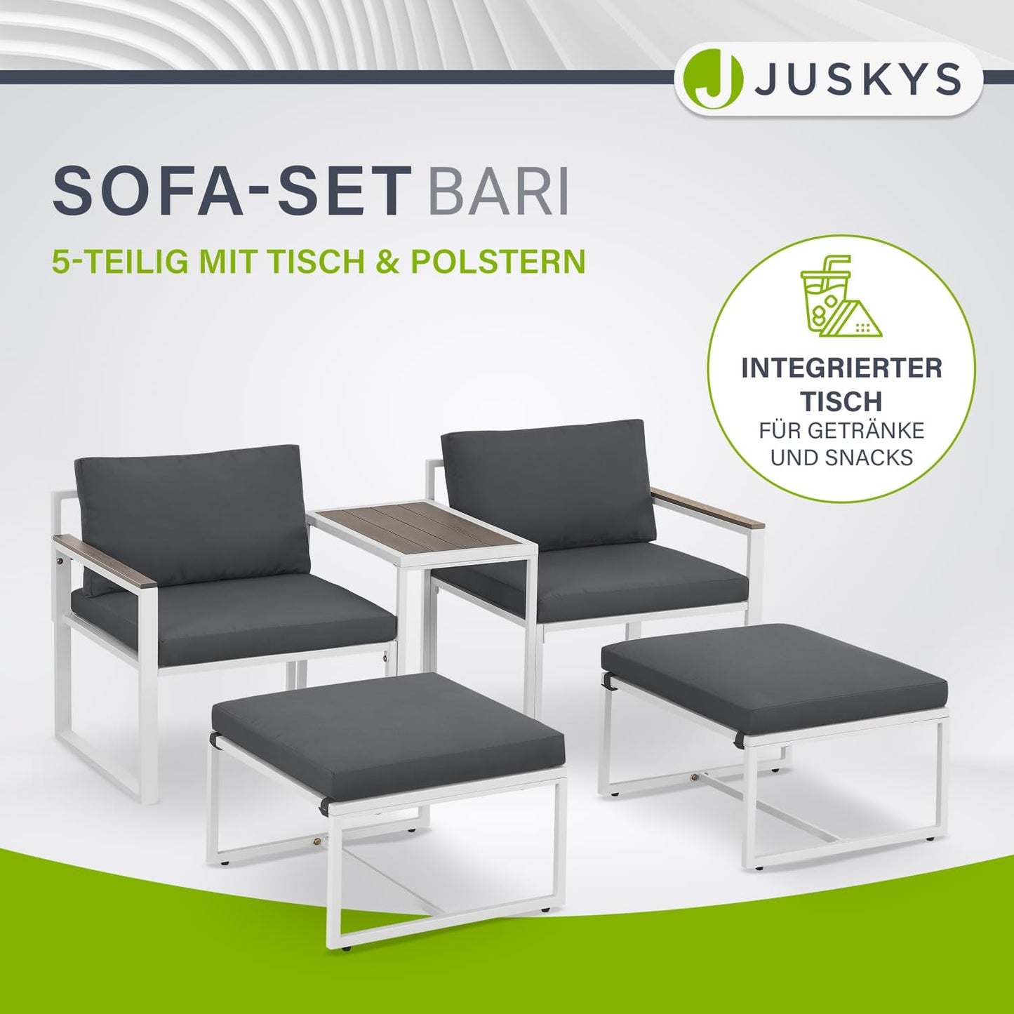 Juskys Gartenmöbel Sofa Set 5-teilig Bari mit Tisch & Polster - Metall Gartenlounge - Balkonmöbel klein - Outdoor Möbel Balkon Garten - Lounge Grau