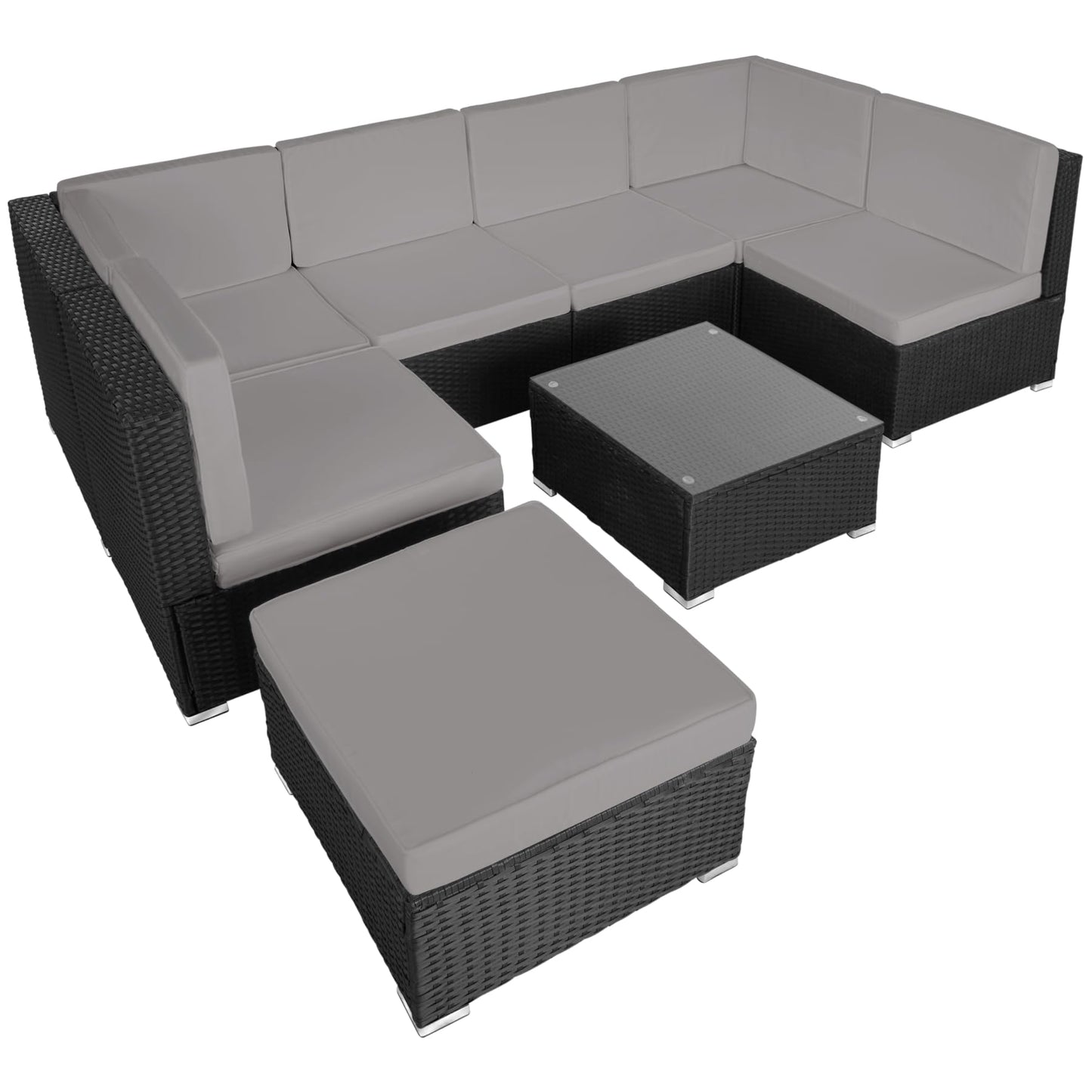 tectake XXL Polyrattan Lounge, Gartenmöbel Set, Sitzgruppe, Balkon Möbel mit 6 Sitze 1 Tisch 1 Hocker, inkl. Sitzkissen, Gartenlounge Outdoor, wetterfest, für Garten, Balkon, Terrasse - schwarz/grau