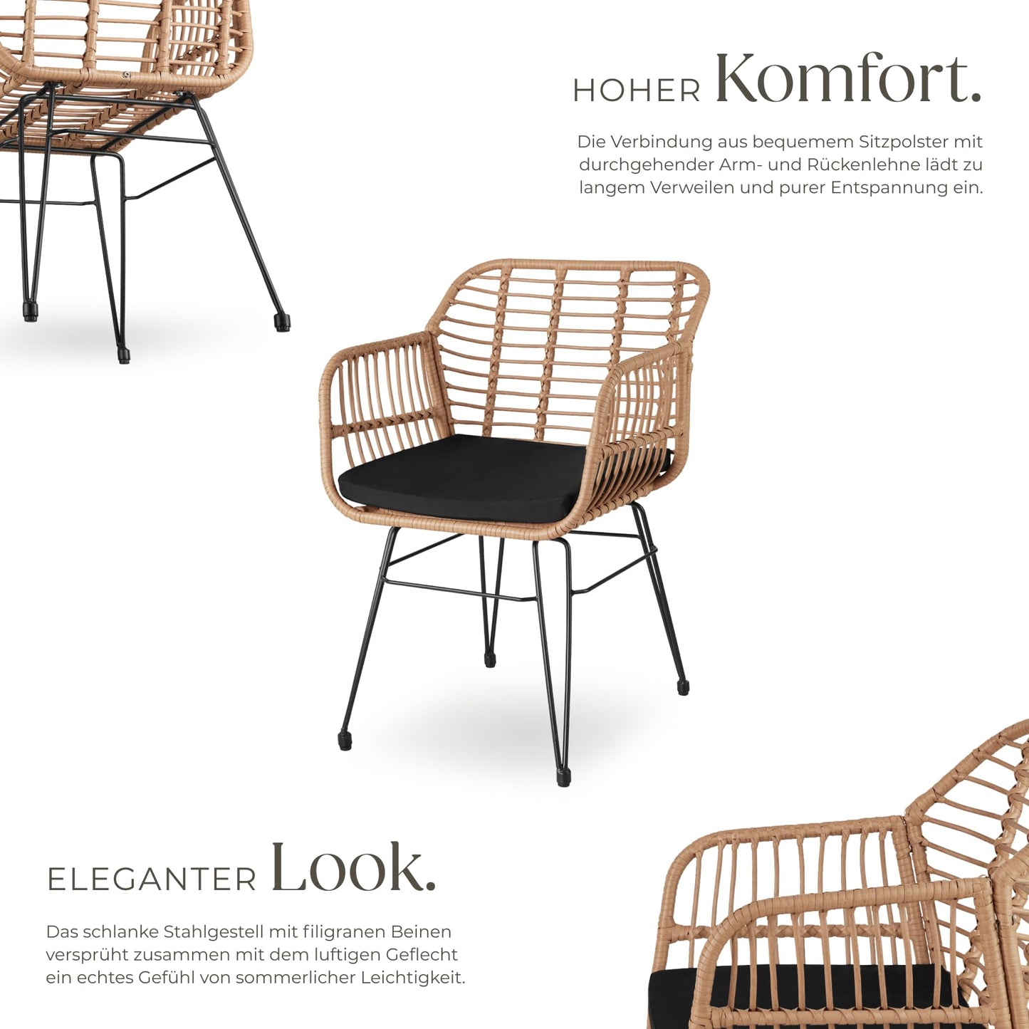 tectake® Rattan Sitzgruppe 3-teilig – Balkonmöbel Set für 2 Personen mit Tisch & Stühlen, Wetterfest & platzsparend, Natur
