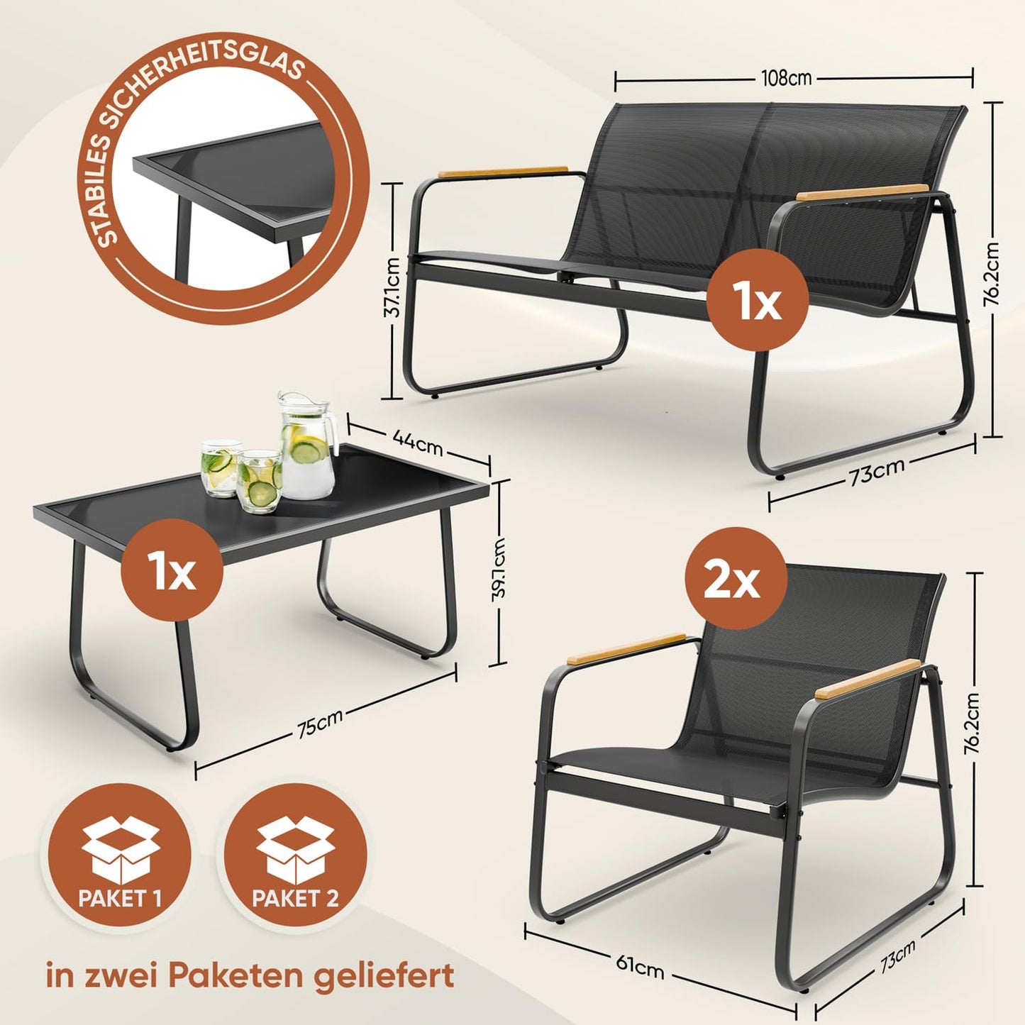 Blumtal Gartenmöbel Set 4er - Balkonmöbel Set für 4 Personen - 2 x Sessel + 1 x Bank + 1 x Tisch - Terrassenmöbel - Gartenlounge - Balkon Möbel - Möbelsets - Stahl Outdoor Möbel Lounge Anthrazit