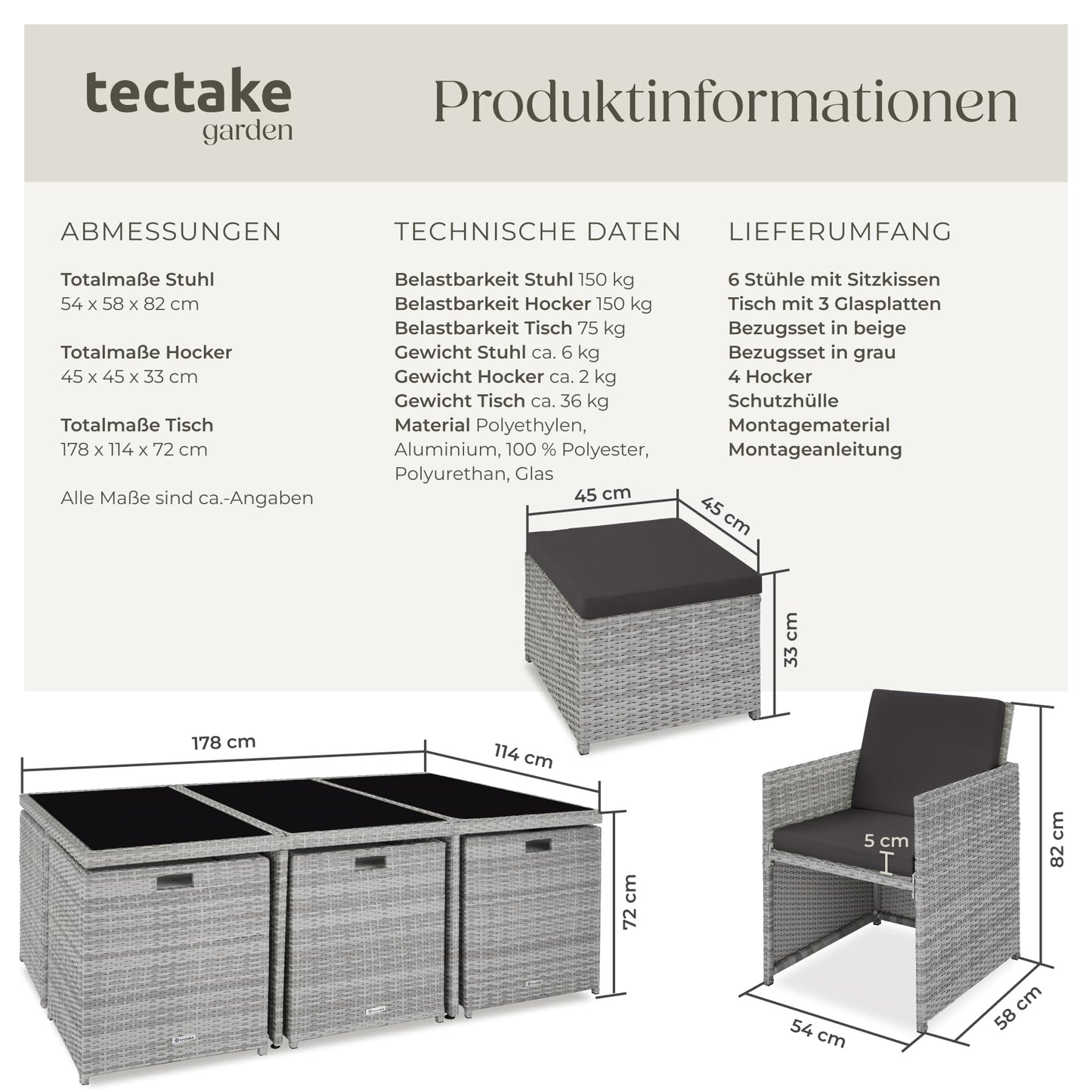 tectake Polyrattan Gartenmöbel Set, Sitzgruppe mit 6 Stühle +1 Glasplatte Tisch + 4 Hocker, Gartenlounge Set klappbar, bis zu 10 Personen, Balkon Möbel, inkl. 2 Bezugsset - hellgrau