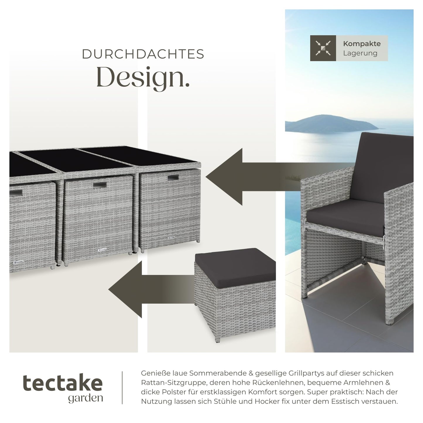tectake Polyrattan Gartenmöbel Set, Sitzgruppe mit 6 Stühle +1 Glasplatte Tisch + 4 Hocker, Gartenlounge Set klappbar, bis zu 10 Personen, Balkon Möbel, inkl. 2 Bezugsset - hellgrau