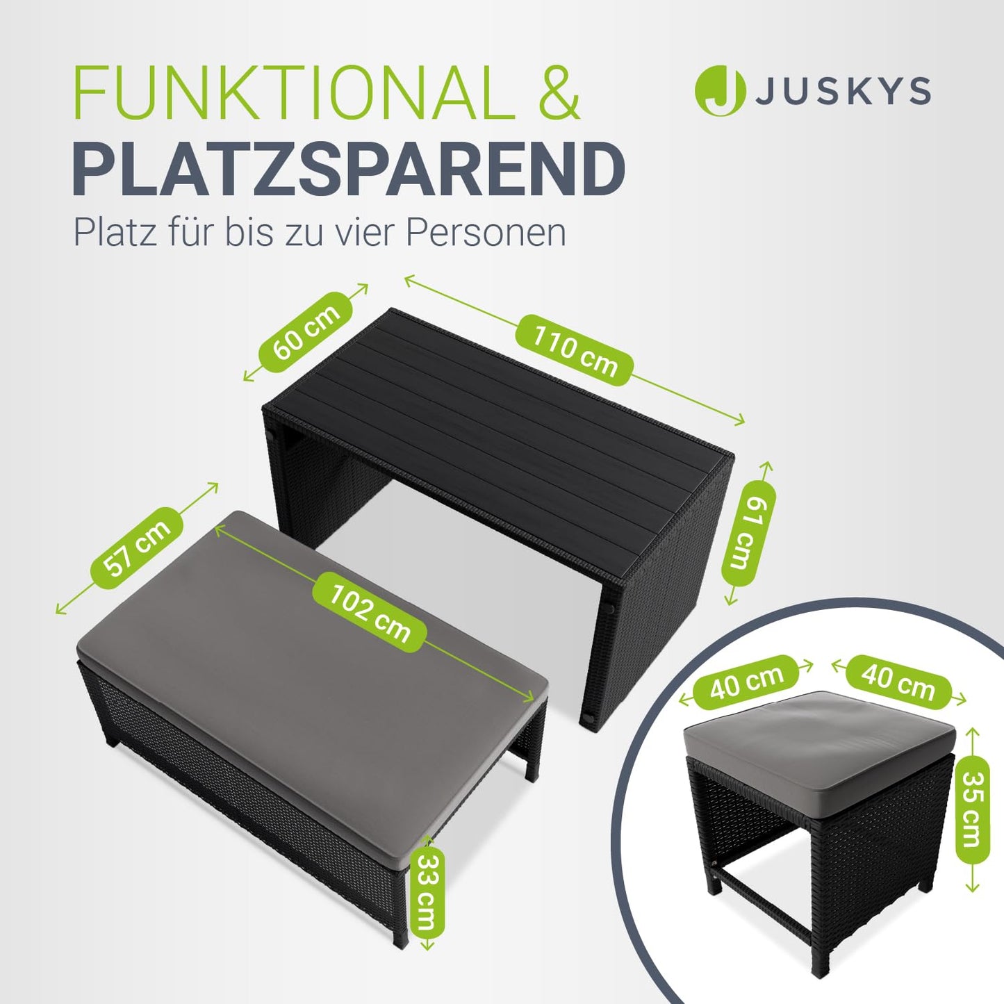 Juskys 2in1 Polyrattan Relax Gartenmöbel Set Jamaika - Tisch, Gartenlounge Sofa - Balkonmöbel Sitzgruppe für Balkon, Garten - Outdoor Lounge schwarz/grau