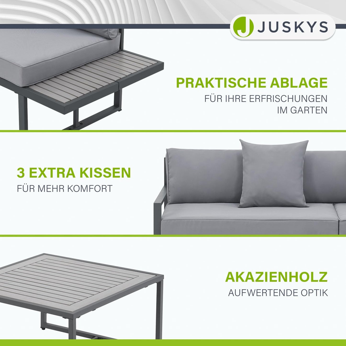 Juskys Gartenmöbel Lounge St. Tropez - 4 Personen Sitzecke - Set mit Tisch, Ecksofa & Kissen - Möbel für Balkon & Garten - Holz Balkonmöbel Grau