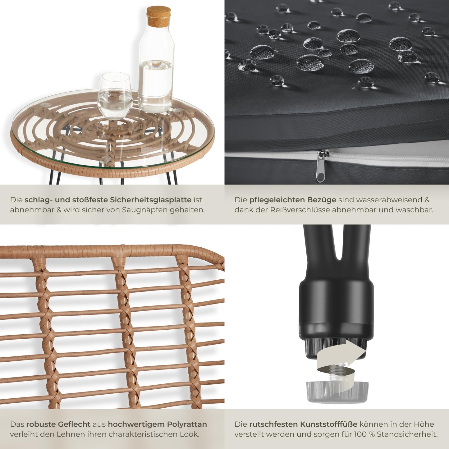 tectake® Rattan Sitzgruppe 3-teilig – Balkonmöbel Set für 2 Personen mit Tisch & Stühlen, Wetterfest & platzsparend, Natur