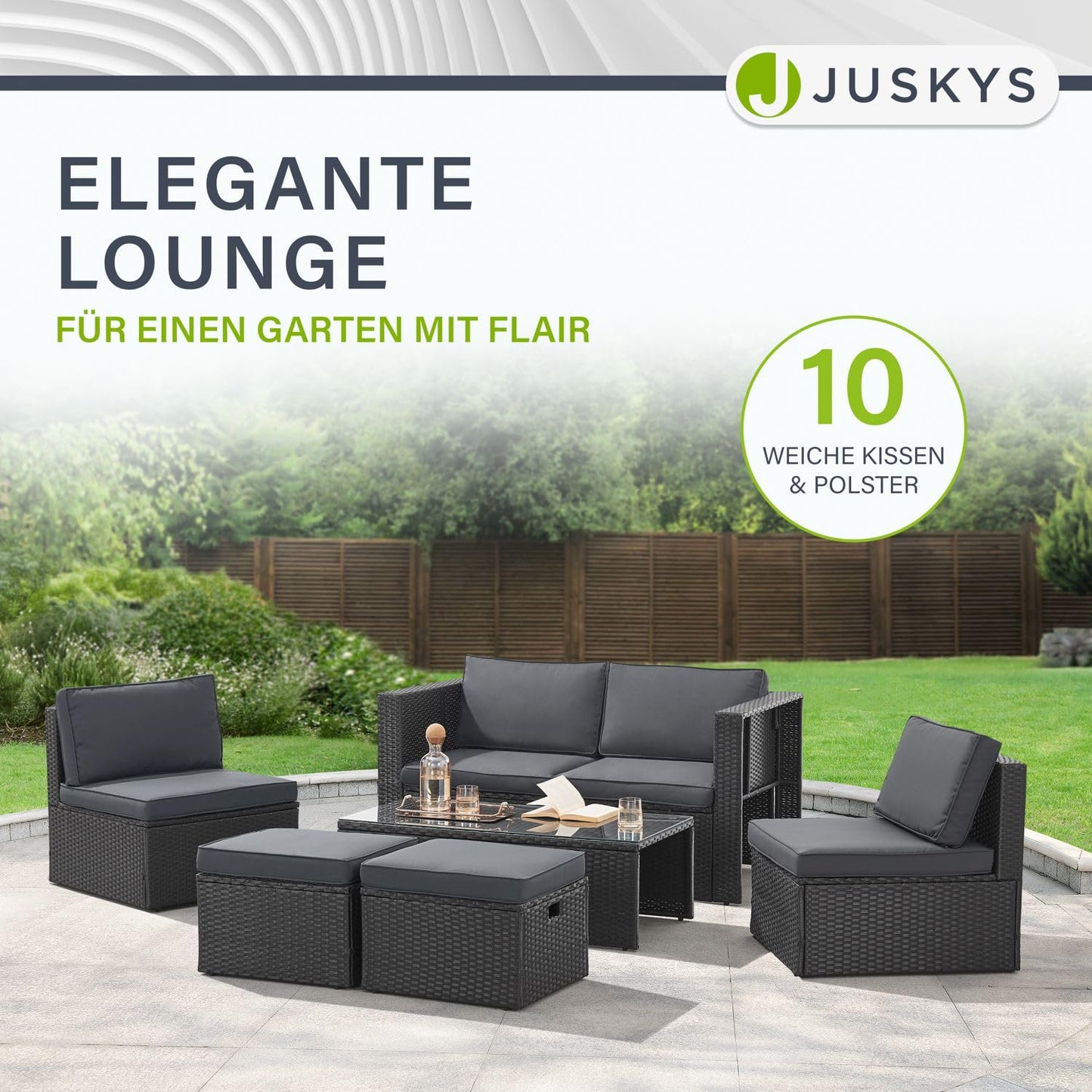 Juskys Polyrattan Gartenmöbel Set Salou - Outdoor Lounge wetterfest 6 Personen - Sitzecke mit Tisch & Kissen für Garten, Balkon, Terrasse - Schwarz