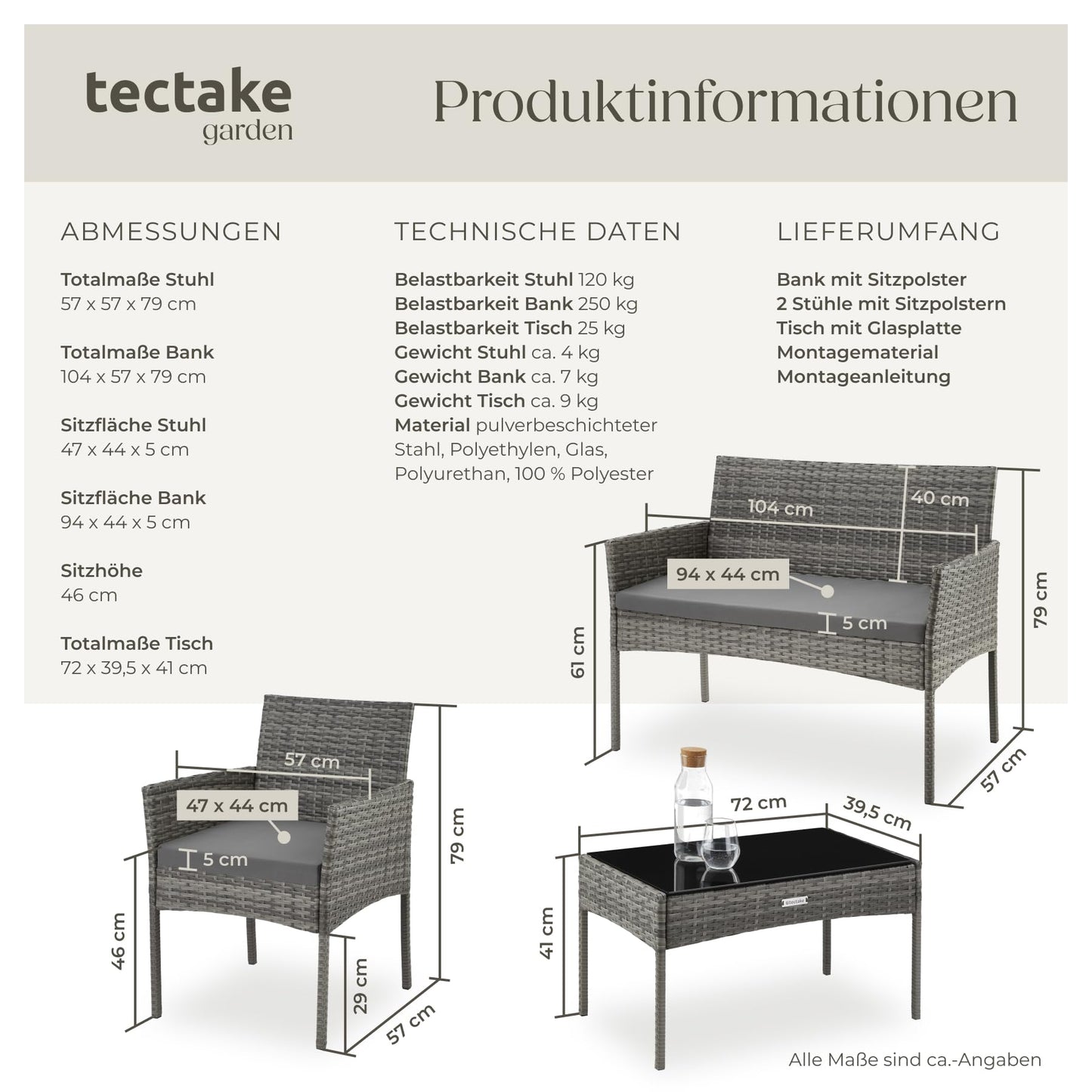 tectake® Rattan Gartenmöbel Set, Outdoor Lounge Möbel,1x Gartenbank, 2X Stuhl, 1x Balkontisch, mit Outdoor Kissen wetterfest, Balkonmöbel Kleiner Balkon, Lounge Gartenmöbel, Terrassenmöbel - grau