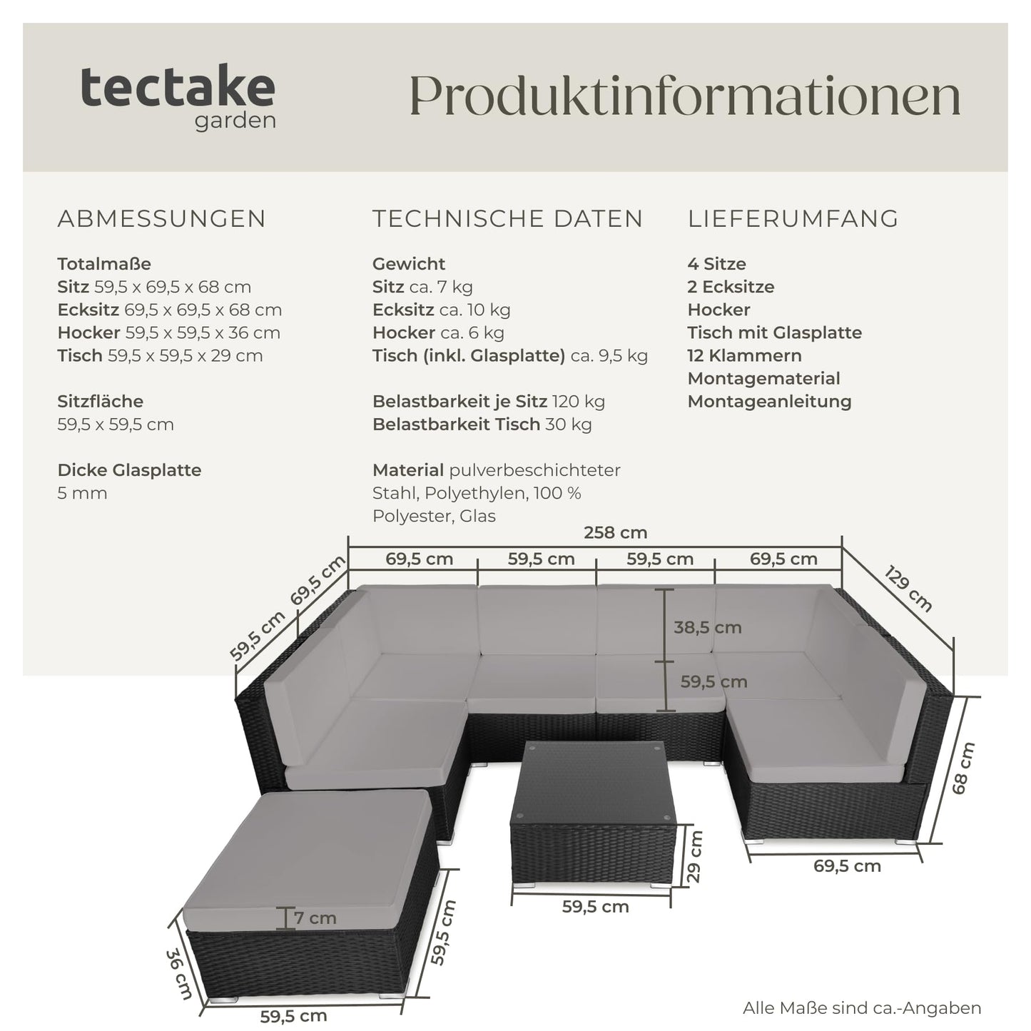 tectake XXL Polyrattan Lounge, Gartenmöbel Set, Sitzgruppe, Balkon Möbel mit 6 Sitze 1 Tisch 1 Hocker, inkl. Sitzkissen, Gartenlounge Outdoor, wetterfest, für Garten, Balkon, Terrasse - schwarz/grau
