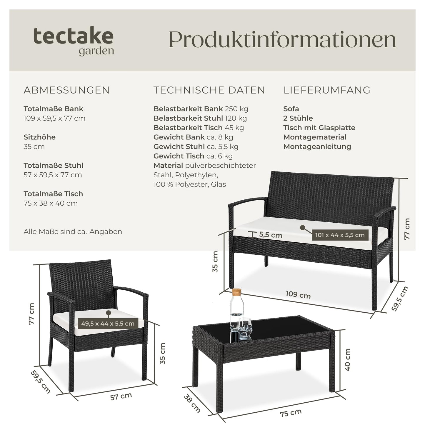 tectake® Polyrattan Gartenmöbel Set – 4-teilig mit 2 Sesseln, 1 Bank & Tisch, Wetterfeste Outdoor Lounge für Garten, Terrasse & Balkon – Schwarz
