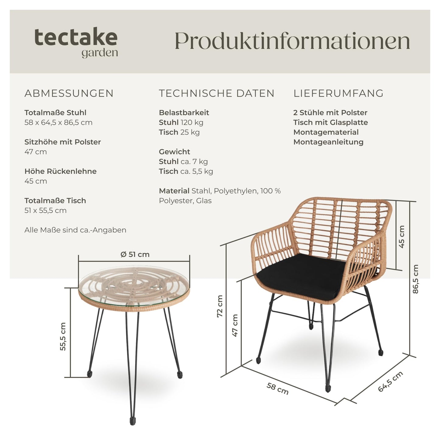 tectake® Rattan Sitzgruppe 3-teilig – Balkonmöbel Set für 2 Personen mit Tisch & Stühlen, Wetterfest & platzsparend, Natur