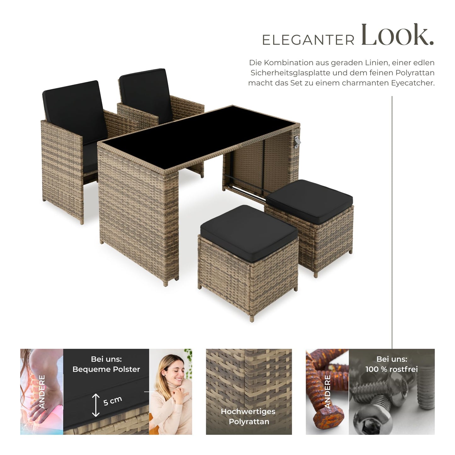 tectake® Polyrattan Sitzgruppe – 5-teiliges Lounge Gartenmöbel Set mit Tisch, Sesseln & Hockern für bis zu 4 Personen, Natur
