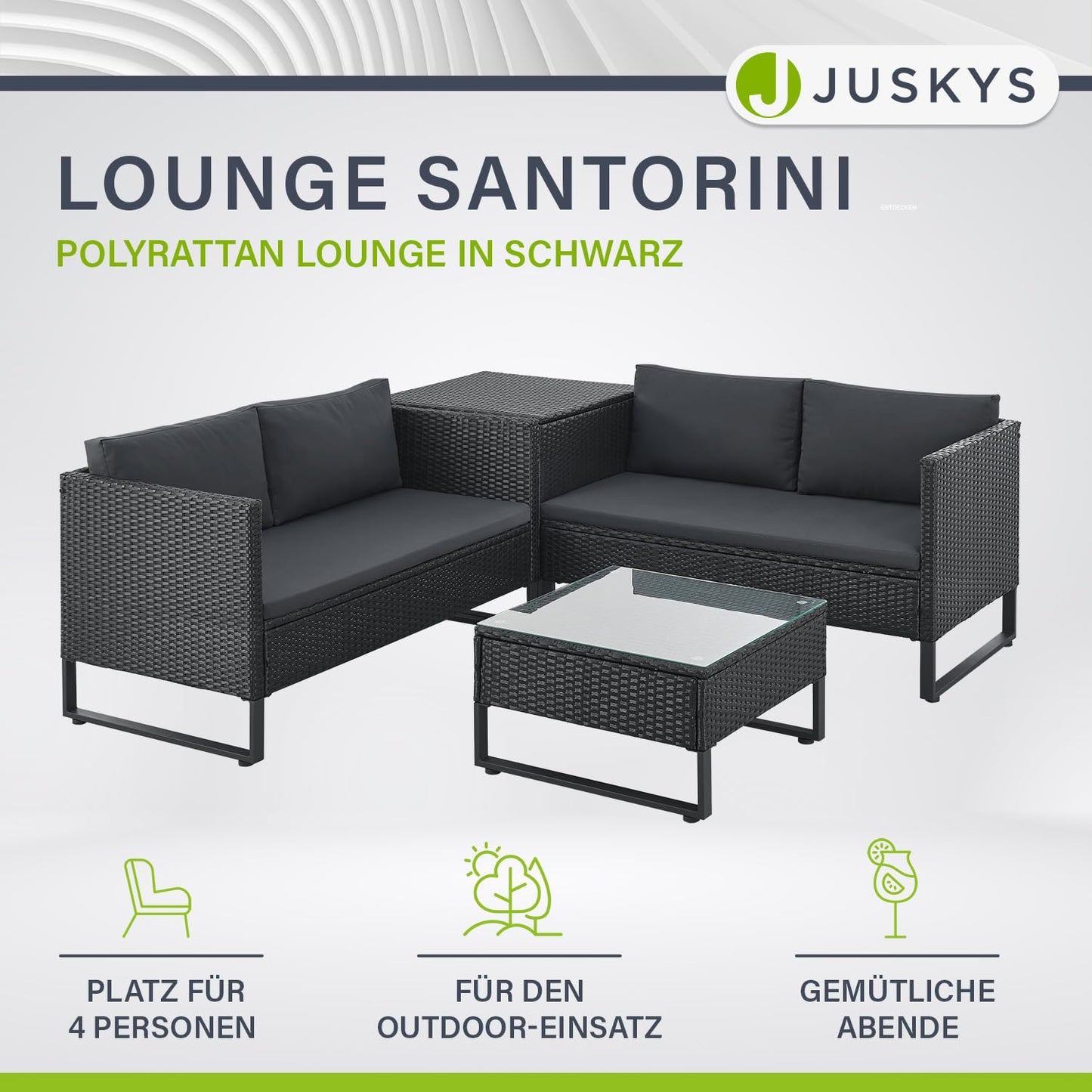 Juskys Outdoor Polyrattan Lounge Santorini - Gartenlounge mit Beistelltisch & Auflagenbox - Gartenmöbel Set Rattan Sitzecke wetterfest - Schwarz