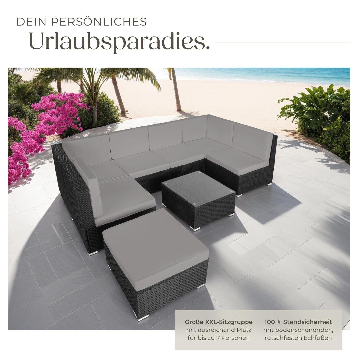 tectake XXL Polyrattan Lounge, Gartenmöbel Set, Sitzgruppe, Balkon Möbel mit 6 Sitze 1 Tisch 1 Hocker, inkl. Sitzkissen, Gartenlounge Outdoor, wetterfest, für Garten, Balkon, Terrasse - schwarz/grau
