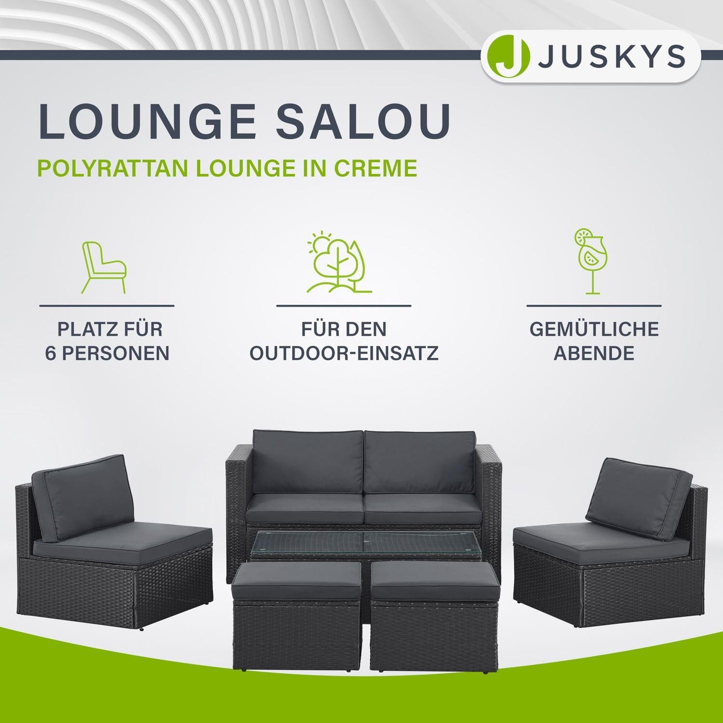 Juskys Polyrattan Gartenmöbel Set Salou - Outdoor Lounge wetterfest 6 Personen - Sitzecke mit Tisch & Kissen für Garten, Balkon, Terrasse - Schwarz
