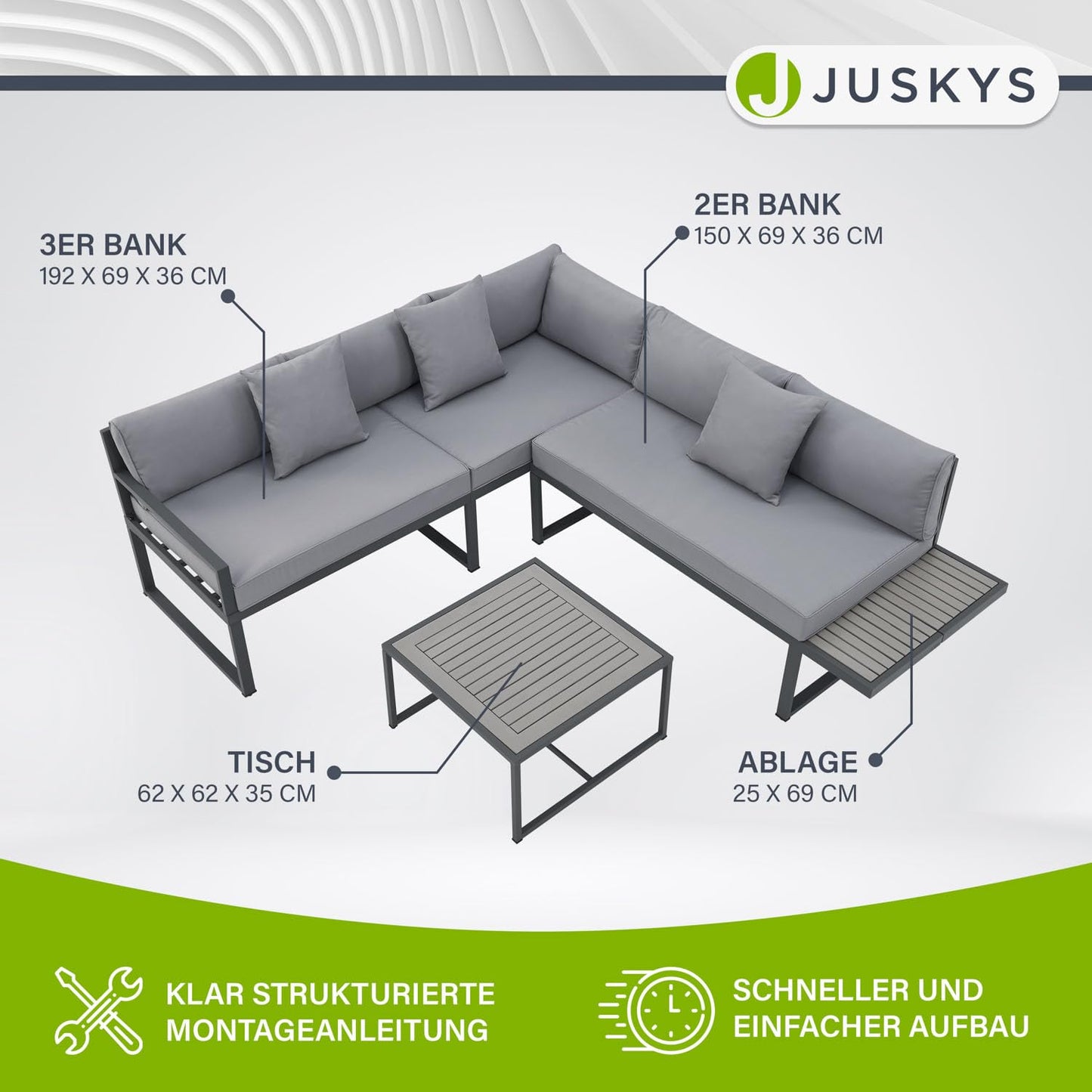 Juskys Gartenmöbel Lounge St. Tropez - 4 Personen Sitzecke - Set mit Tisch, Ecksofa & Kissen - Möbel für Balkon & Garten - Holz Balkonmöbel Grau