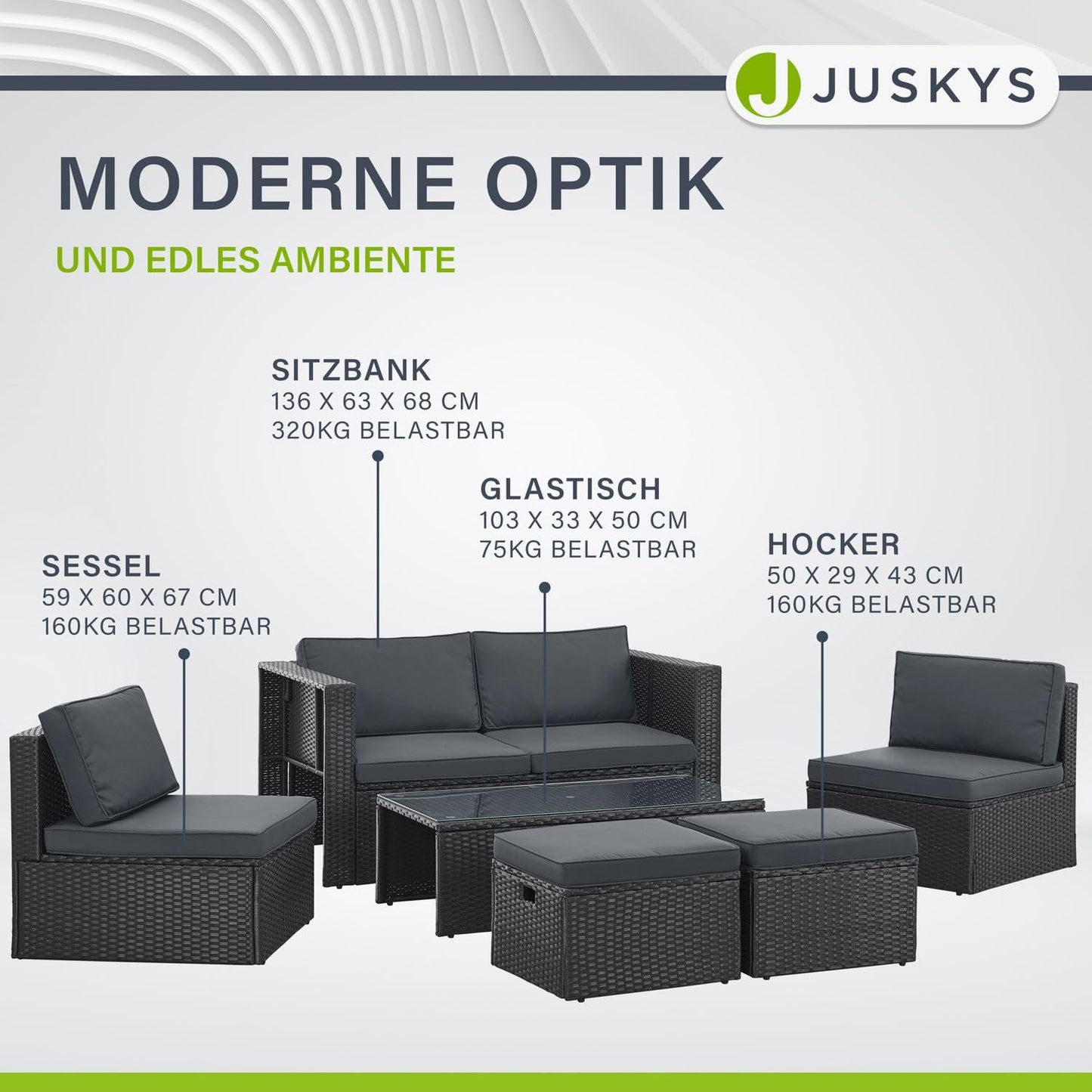 Juskys Polyrattan Gartenmöbel Set Salou - Outdoor Lounge wetterfest 6 Personen - Sitzecke mit Tisch & Kissen für Garten, Balkon, Terrasse - Schwarz