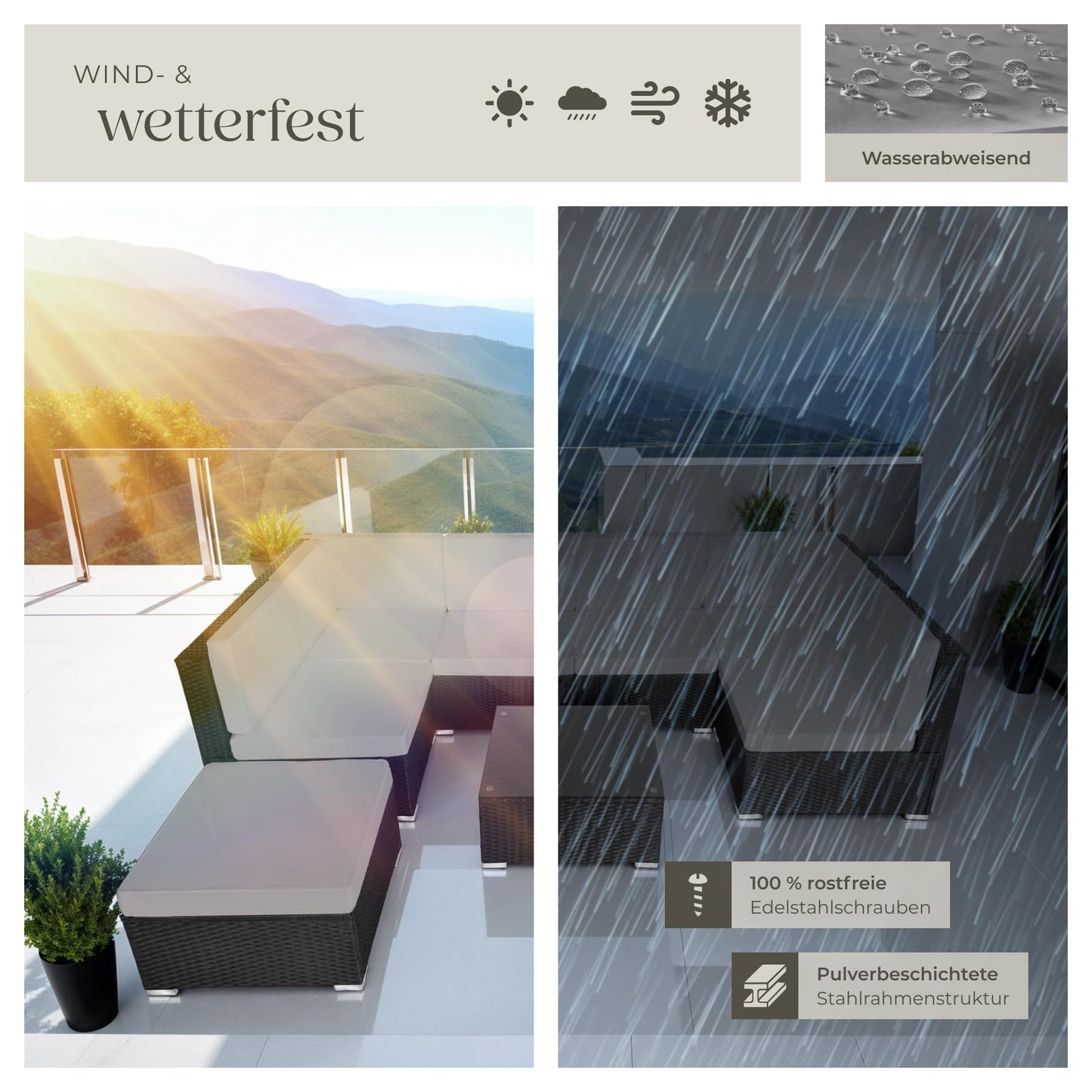 tectake XXL Polyrattan Lounge, Gartenmöbel Set, Sitzgruppe, Balkon Möbel mit 6 Sitze 1 Tisch 1 Hocker, inkl. Sitzkissen, Gartenlounge Outdoor, wetterfest, für Garten, Balkon, Terrasse - schwarz/grau