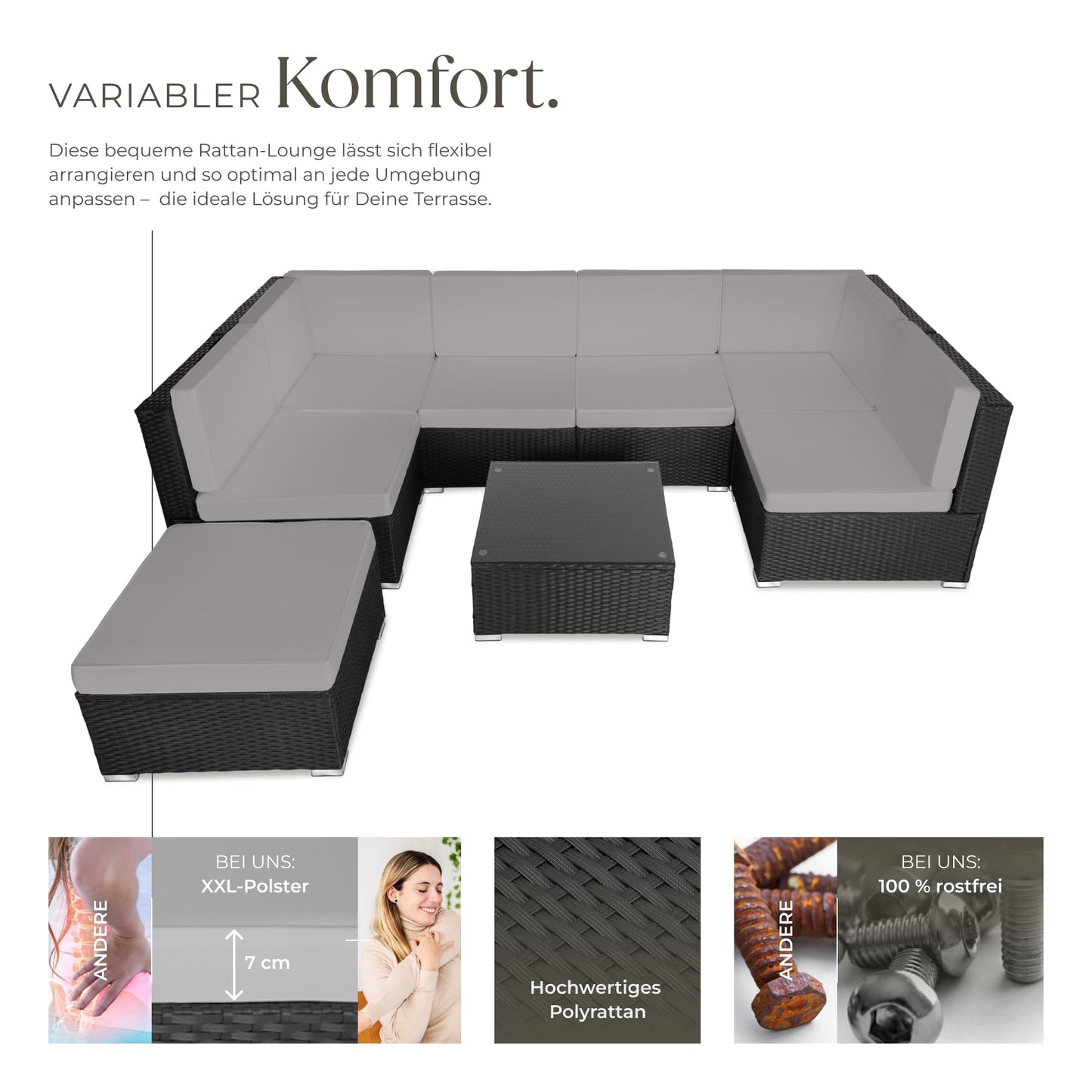 tectake XXL Polyrattan Lounge, Gartenmöbel Set, Sitzgruppe, Balkon Möbel mit 6 Sitze 1 Tisch 1 Hocker, inkl. Sitzkissen, Gartenlounge Outdoor, wetterfest, für Garten, Balkon, Terrasse - schwarz/grau