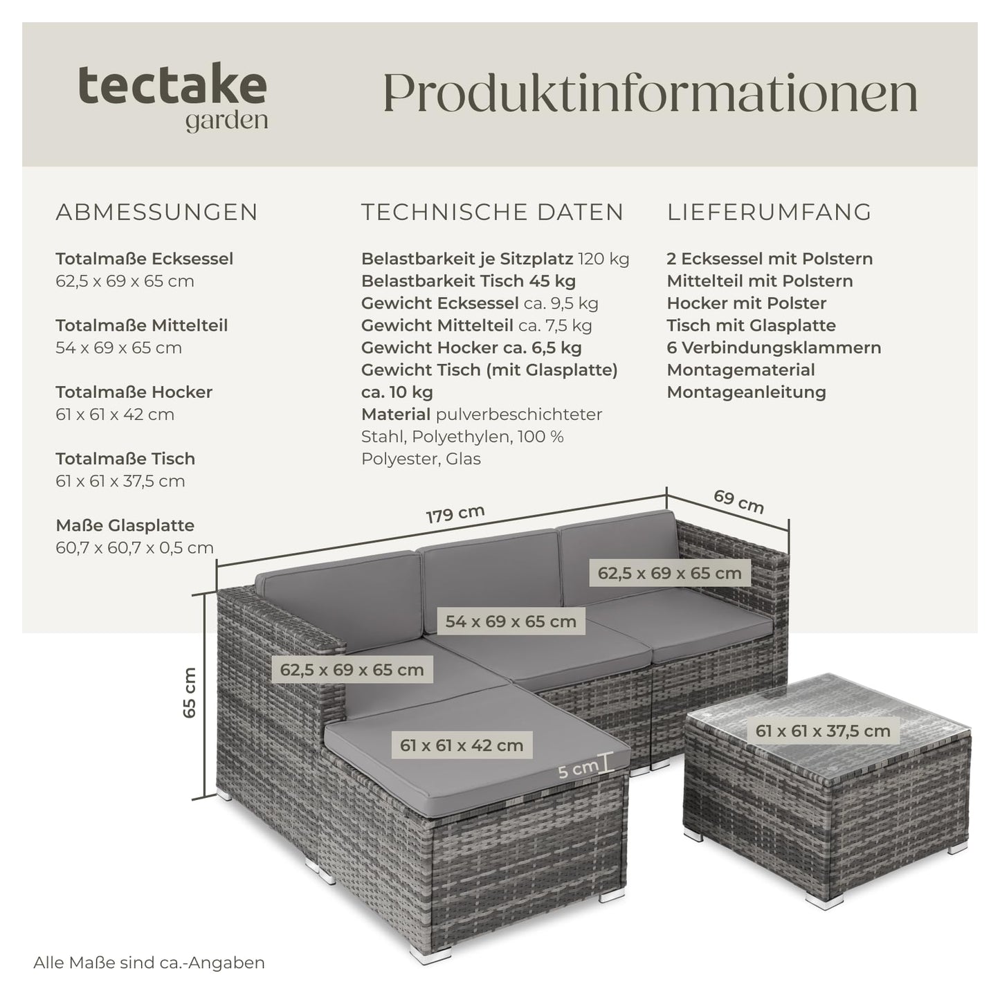 tectake® Poly Rattan Lounge, Outdoor Sitzgruppe, Set mit Sofa Sessel, Hocker, Tisch, frei kombinierbar, Sitzecke für 3-4 Personen, Möbel wetterfest für Garten Terrasse Balkon - grau