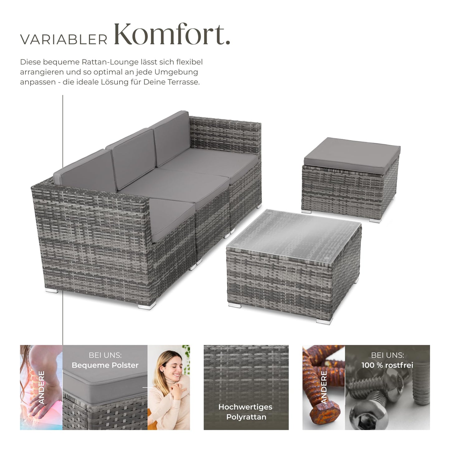 tectake® Poly Rattan Lounge, Outdoor Sitzgruppe, Set mit Sofa Sessel, Hocker, Tisch, frei kombinierbar, Sitzecke für 3-4 Personen, Möbel wetterfest für Garten Terrasse Balkon - grau