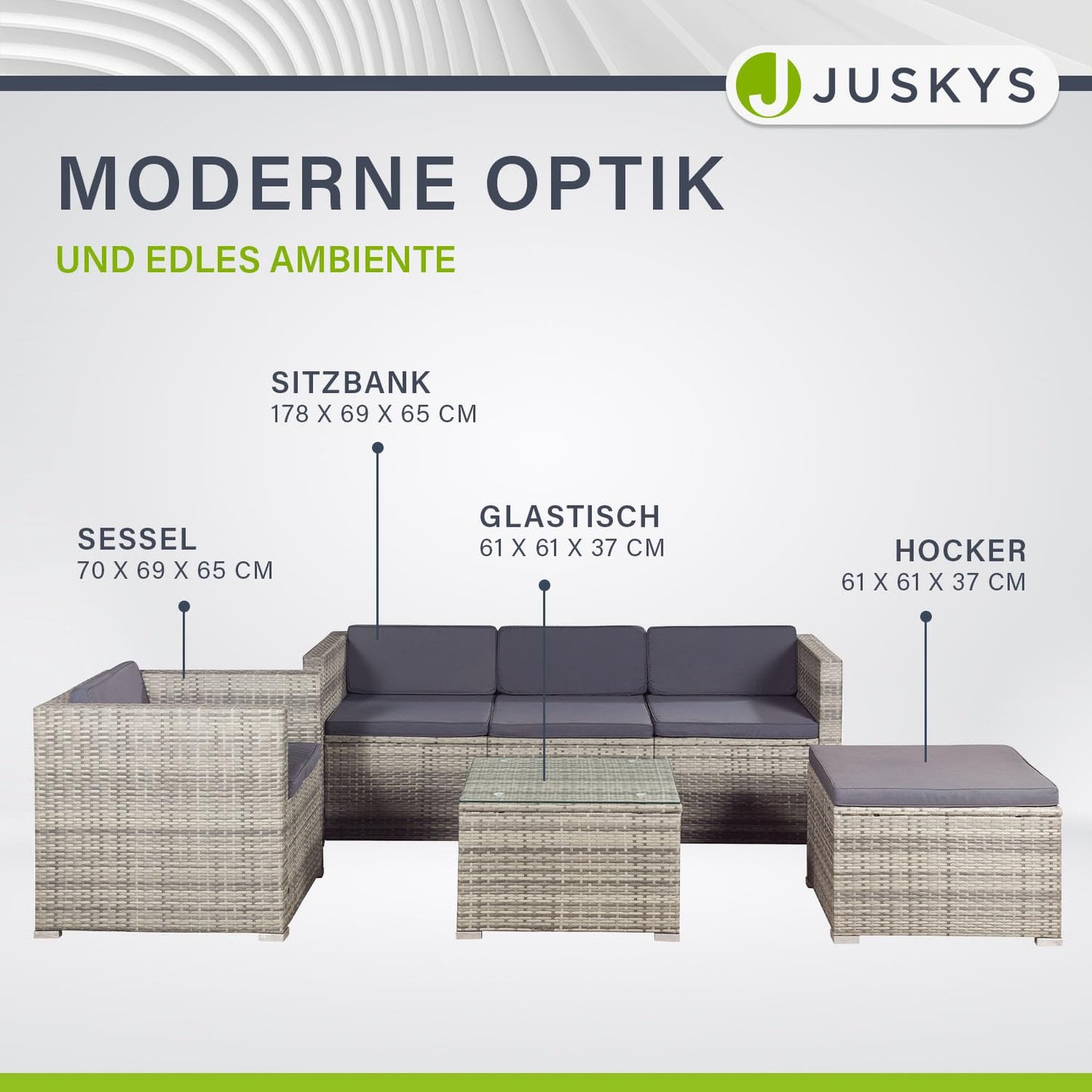Juskys Polyrattan Lounge Punta Cana L für 4-5 Personen mit 3er Sofa, Sessel, Hocker, Tisch & Kissen, Sitzgruppe für Garten, Terrasse und Balkon, Gartenmöbel Set wetterfest - Grau-meliert