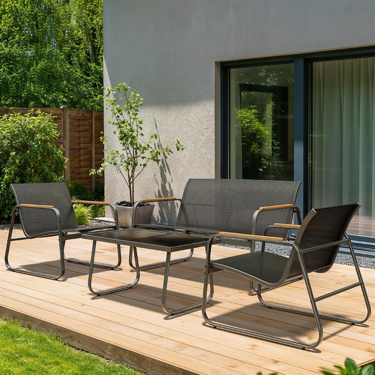 Blumtal Gartenmöbel Set 4er - Balkonmöbel Set für 4 Personen - 2 x Sessel + 1 x Bank + 1 x Tisch - Terrassenmöbel - Gartenlounge - Balkon Möbel - Möbelsets - Stahl Outdoor Möbel Lounge Anthrazit