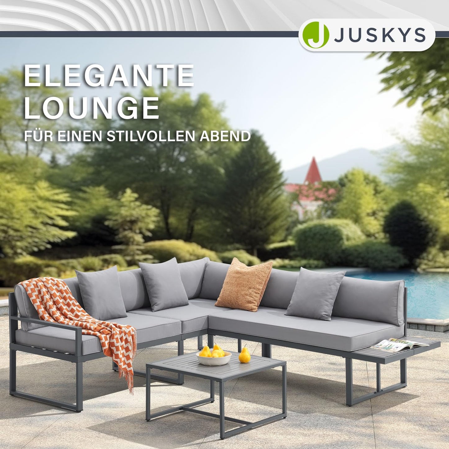 Juskys Gartenmöbel Lounge St. Tropez - 4 Personen Sitzecke - Set mit Tisch, Ecksofa & Kissen - Möbel für Balkon & Garten - Holz Balkonmöbel Grau
