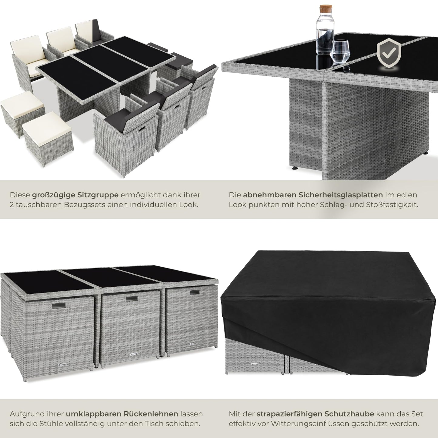 tectake Polyrattan Gartenmöbel Set, Sitzgruppe mit 6 Stühle +1 Glasplatte Tisch + 4 Hocker, Gartenlounge Set klappbar, bis zu 10 Personen, Balkon Möbel, inkl. 2 Bezugsset - hellgrau