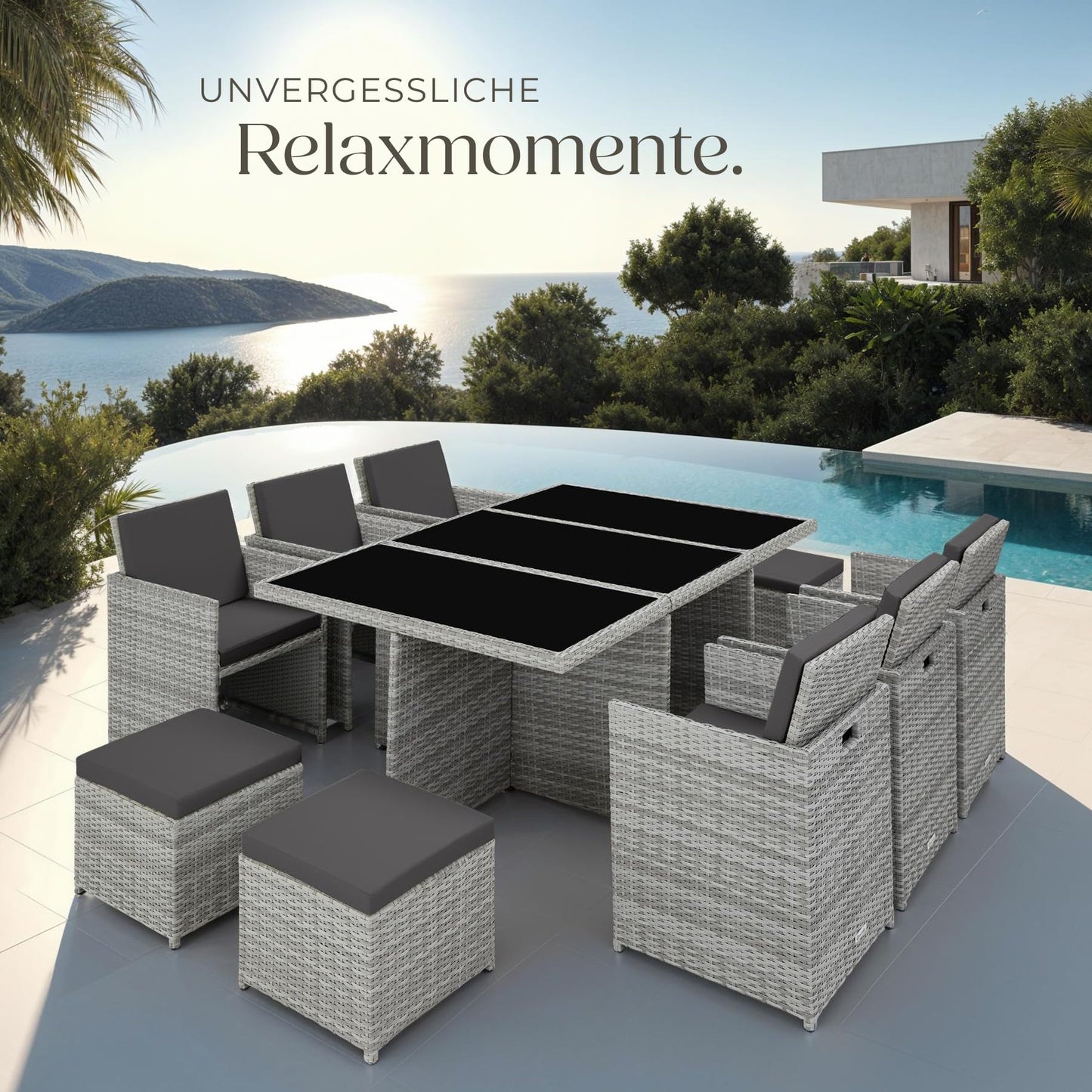 tectake Polyrattan Gartenmöbel Set, Sitzgruppe mit 6 Stühle +1 Glasplatte Tisch + 4 Hocker, Gartenlounge Set klappbar, bis zu 10 Personen, Balkon Möbel, inkl. 2 Bezugsset - hellgrau