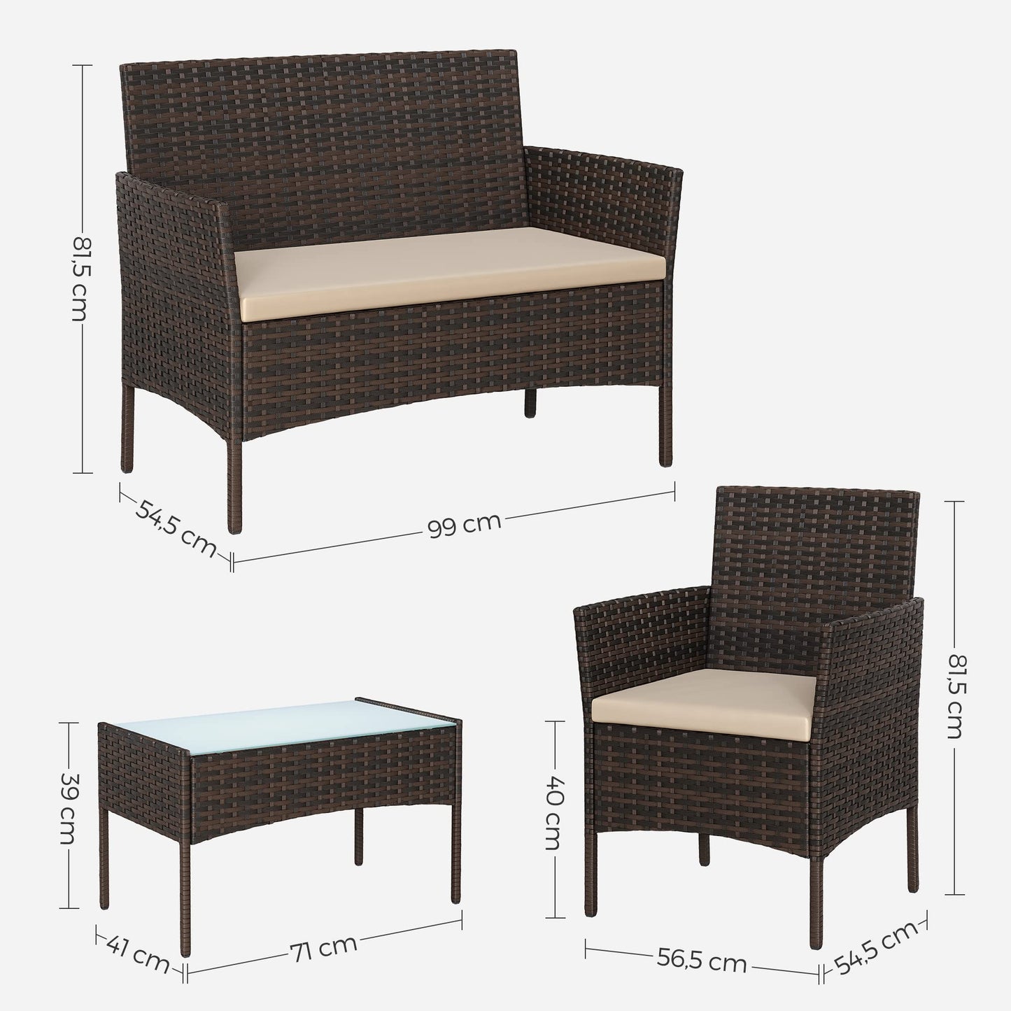 SONGMICS Balkonmöbel, Gartenmöbel-Set, aus PE-Polyrattan, Lounge-Set, Terrassenmöbel, Outdoor, für Terrasse, Balkon, Garten, braun-Taupe GGF004K05