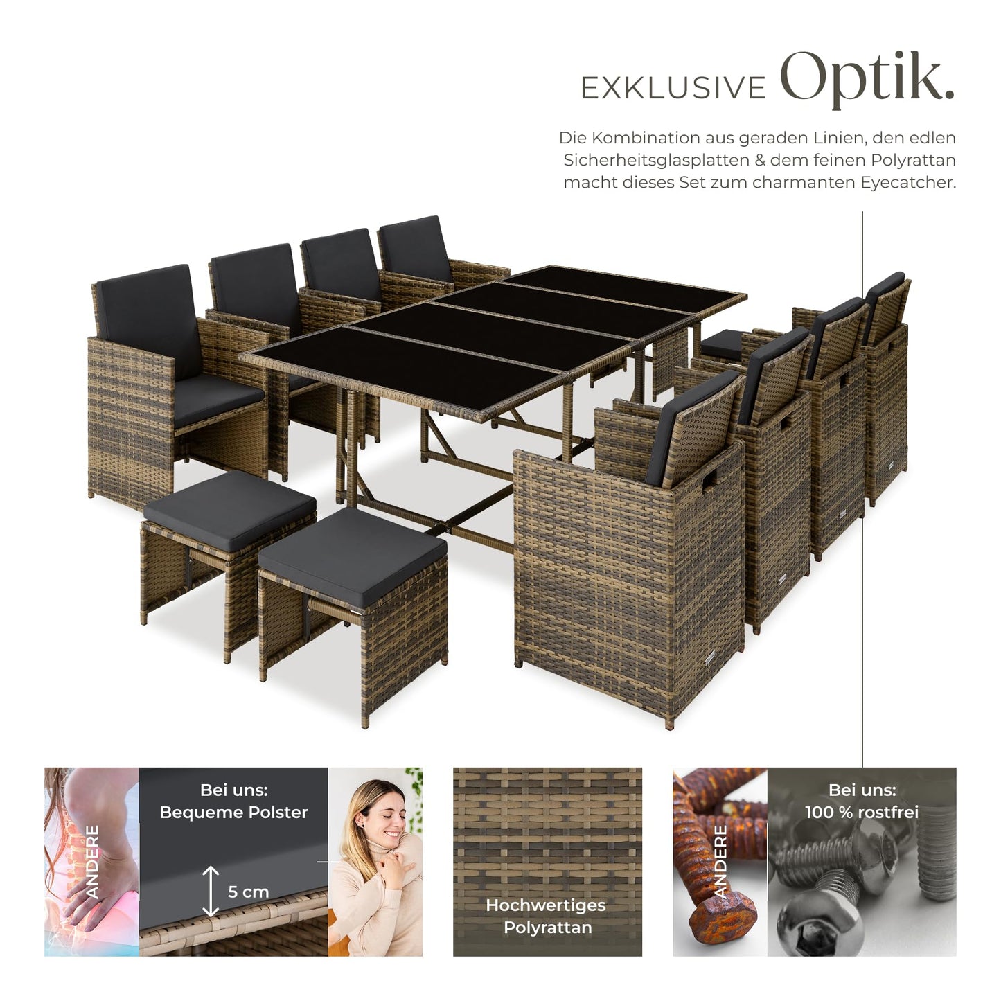 tectake Gartenlounge Set, Polyrattan Gartenmöbel Set, 8+4+1 Sitzgruppe, 8 Stühle 4 Hocker 1 Tisch, Balkon Möbel als Würfel verstaubar, für Garten, Balkon, Terrasse - Natur/dunkelgrau