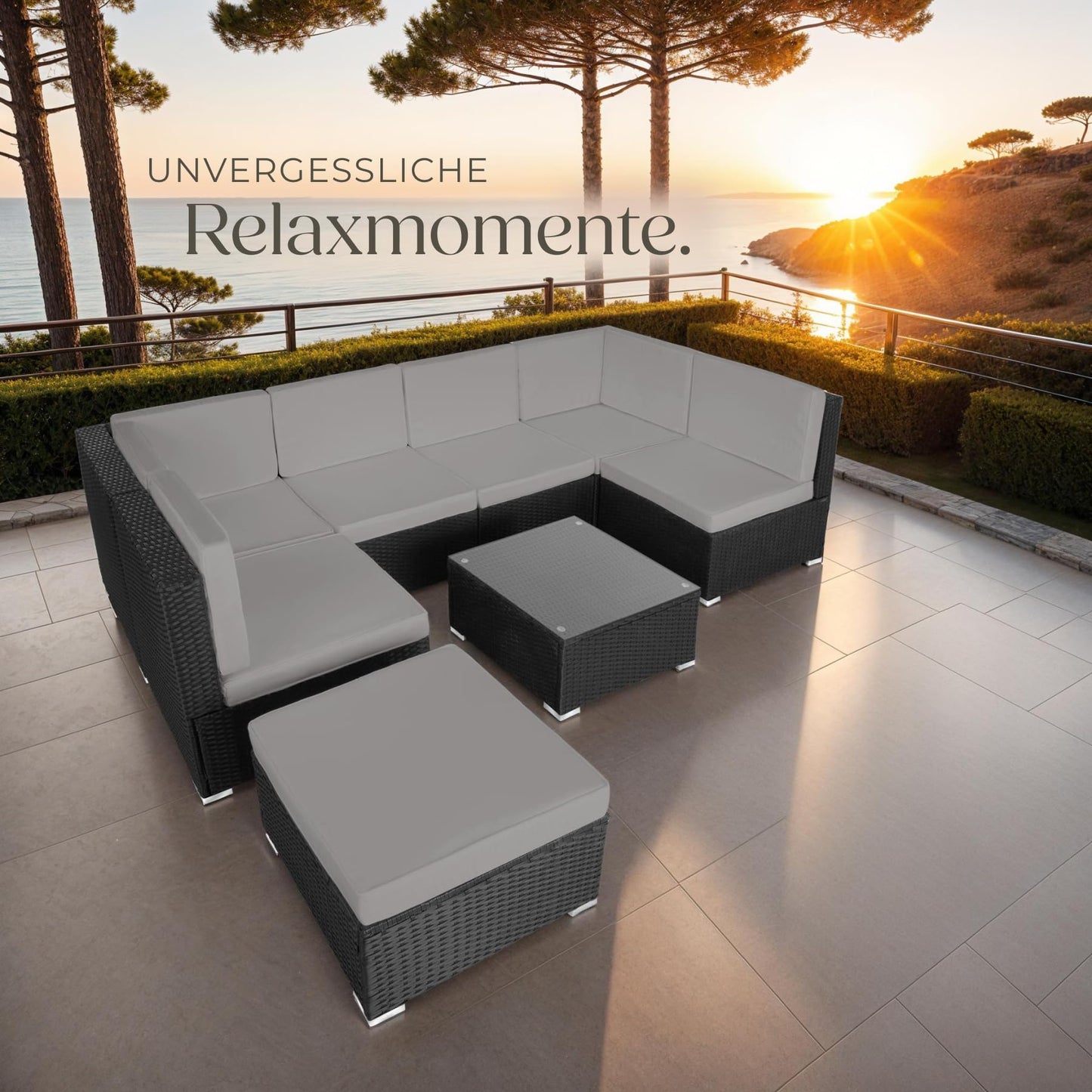 tectake XXL Polyrattan Lounge, Gartenmöbel Set, Sitzgruppe, Balkon Möbel mit 6 Sitze 1 Tisch 1 Hocker, inkl. Sitzkissen, Gartenlounge Outdoor, wetterfest, für Garten, Balkon, Terrasse - schwarz/grau