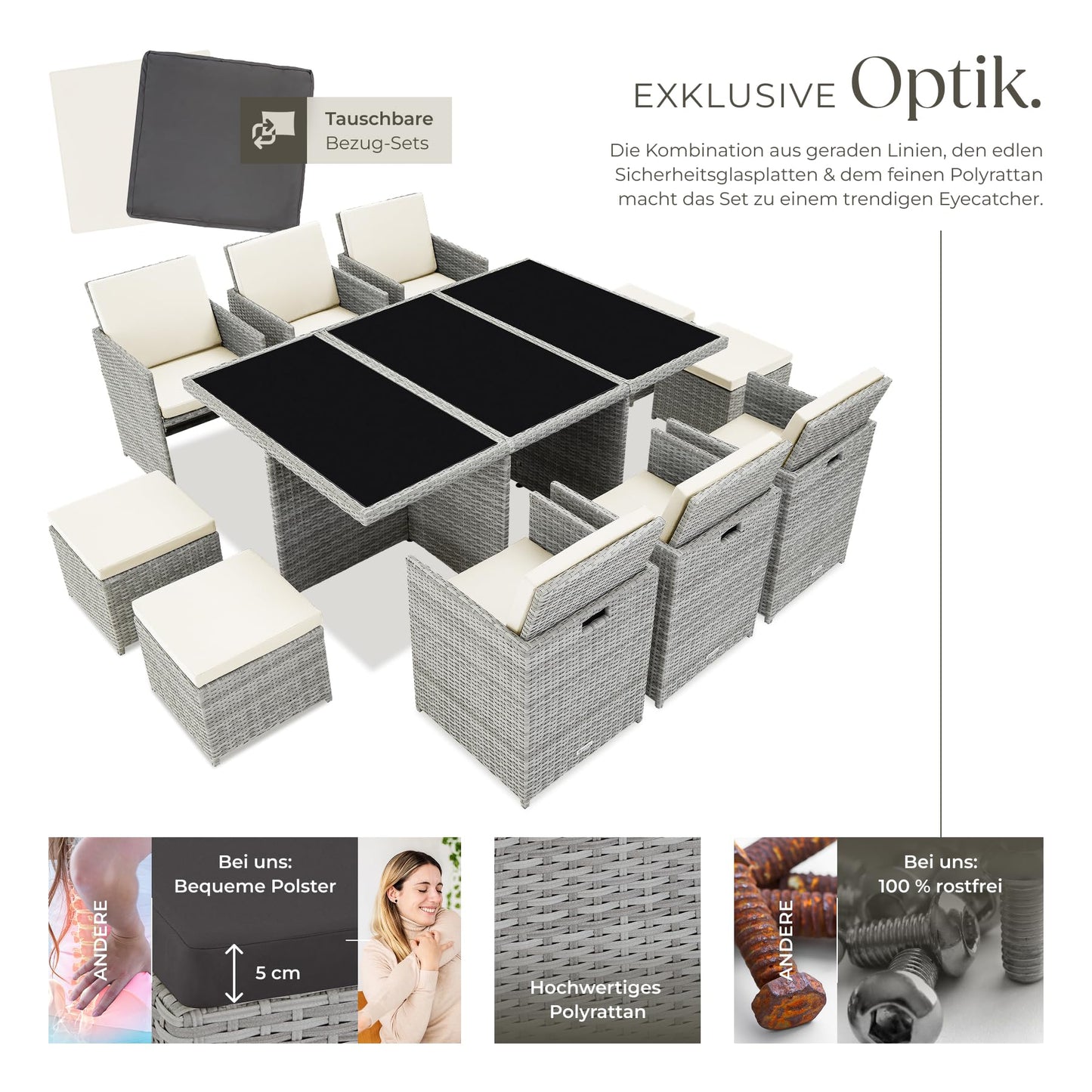tectake Polyrattan Gartenmöbel Set, Sitzgruppe mit 6 Stühle +1 Glasplatte Tisch + 4 Hocker, Gartenlounge Set klappbar, bis zu 10 Personen, Balkon Möbel, inkl. 2 Bezugsset - hellgrau