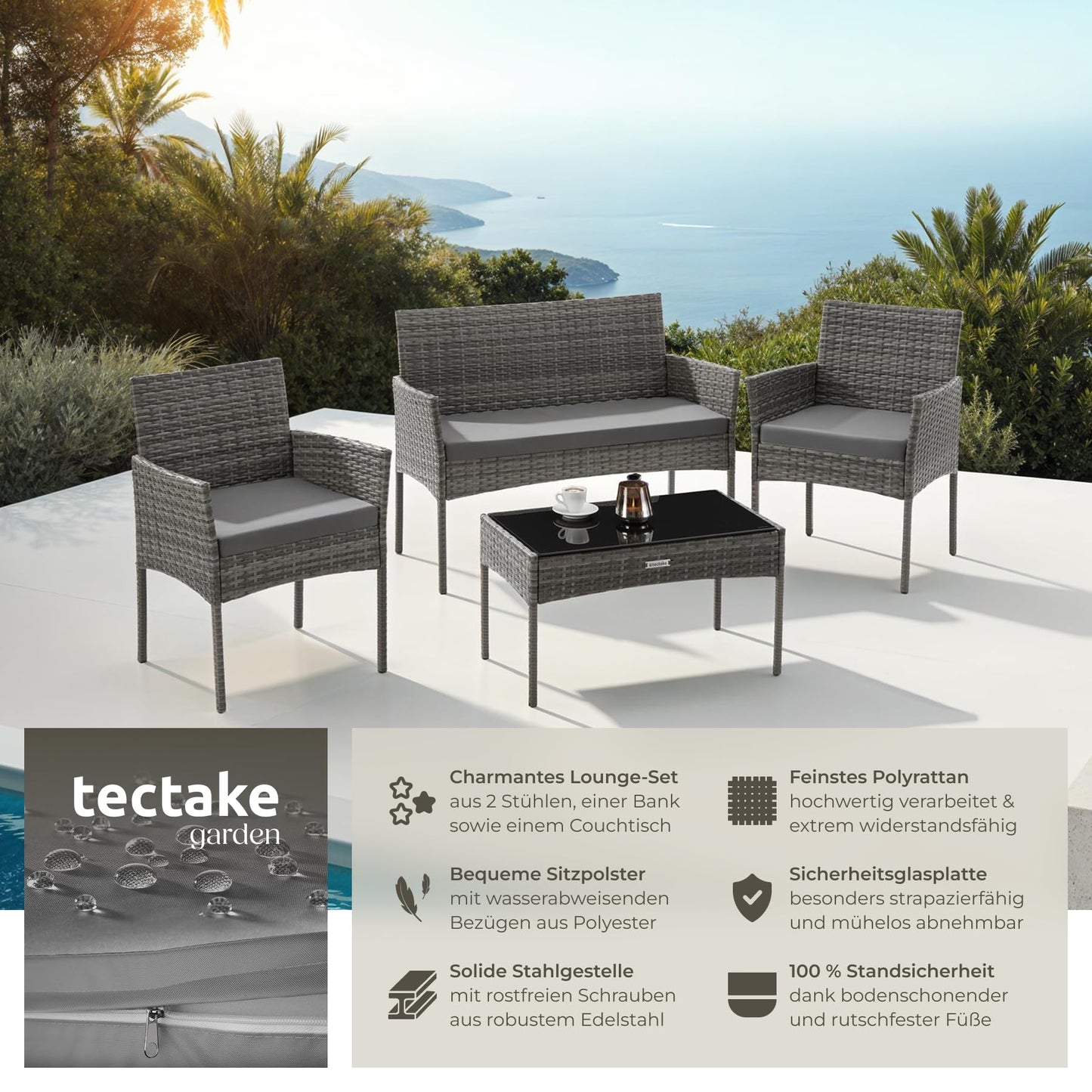 tectake® Rattan Gartenmöbel Set, Outdoor Lounge Möbel,1x Gartenbank, 2X Stuhl, 1x Balkontisch, mit Outdoor Kissen wetterfest, Balkonmöbel Kleiner Balkon, Lounge Gartenmöbel, Terrassenmöbel - grau