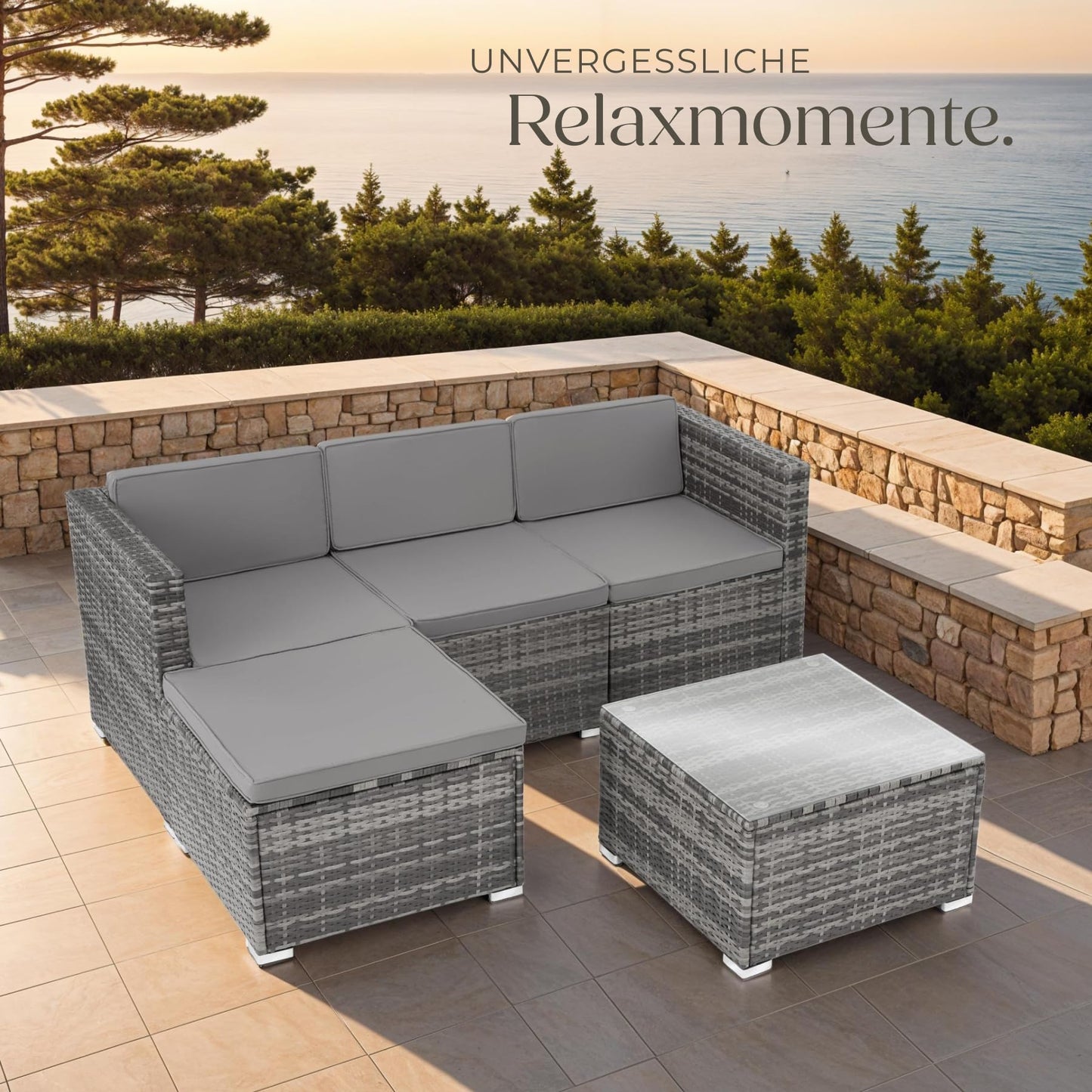 tectake® Poly Rattan Lounge, Outdoor Sitzgruppe, Set mit Sofa Sessel, Hocker, Tisch, frei kombinierbar, Sitzecke für 3-4 Personen, Möbel wetterfest für Garten Terrasse Balkon - grau