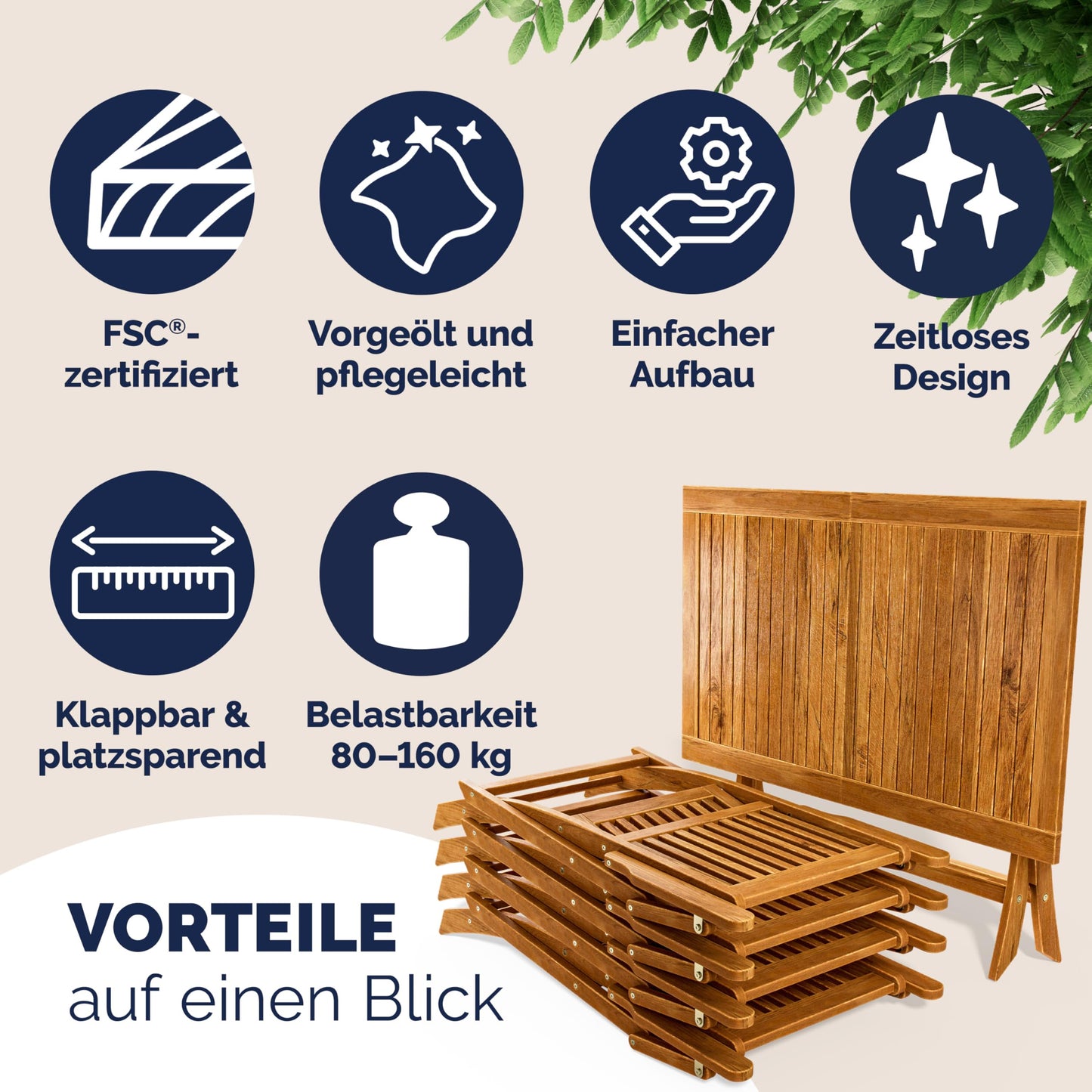 Casaria® Gartenmöbel Set Wetterfest Klappbar Akazie 5-TLG. FSC®-Zertifiziert Holz Armlehne 160kg Belastbarkeit Garten Terrasse Balkonmöbel 120x70cm Möbelset 4 Personen