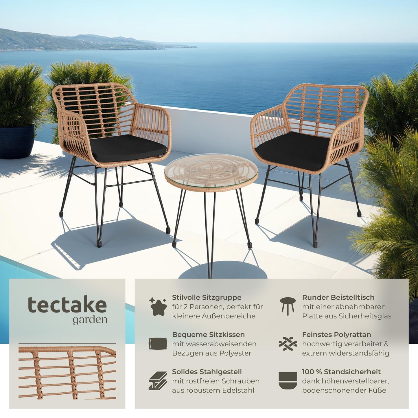 tectake® Rattan Sitzgruppe 3-teilig – Balkonmöbel Set für 2 Personen mit Tisch & Stühlen, Wetterfest & platzsparend, Natur
