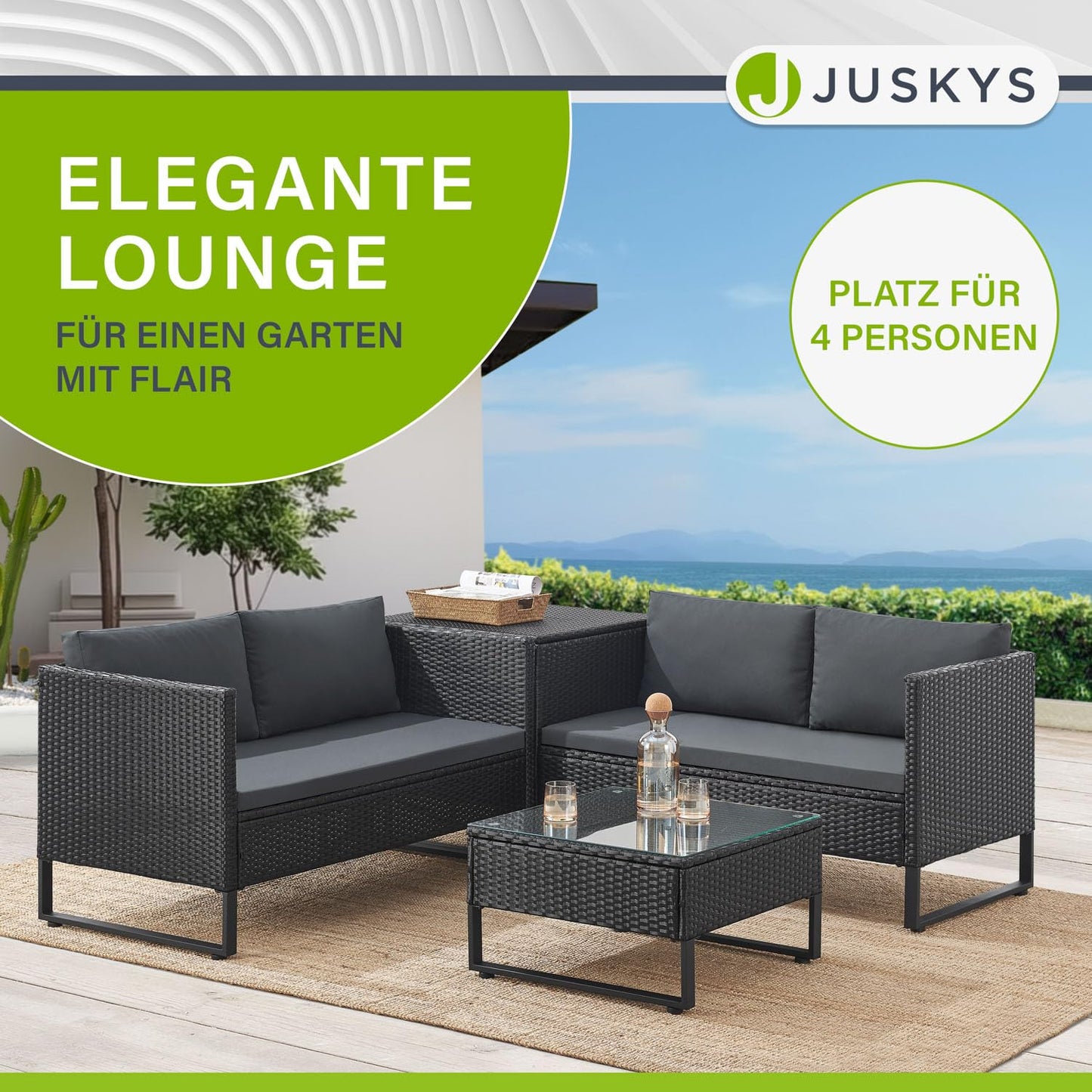 Juskys Outdoor Polyrattan Lounge Santorini - Gartenlounge mit Beistelltisch & Auflagenbox - Gartenmöbel Set Rattan Sitzecke wetterfest - Schwarz