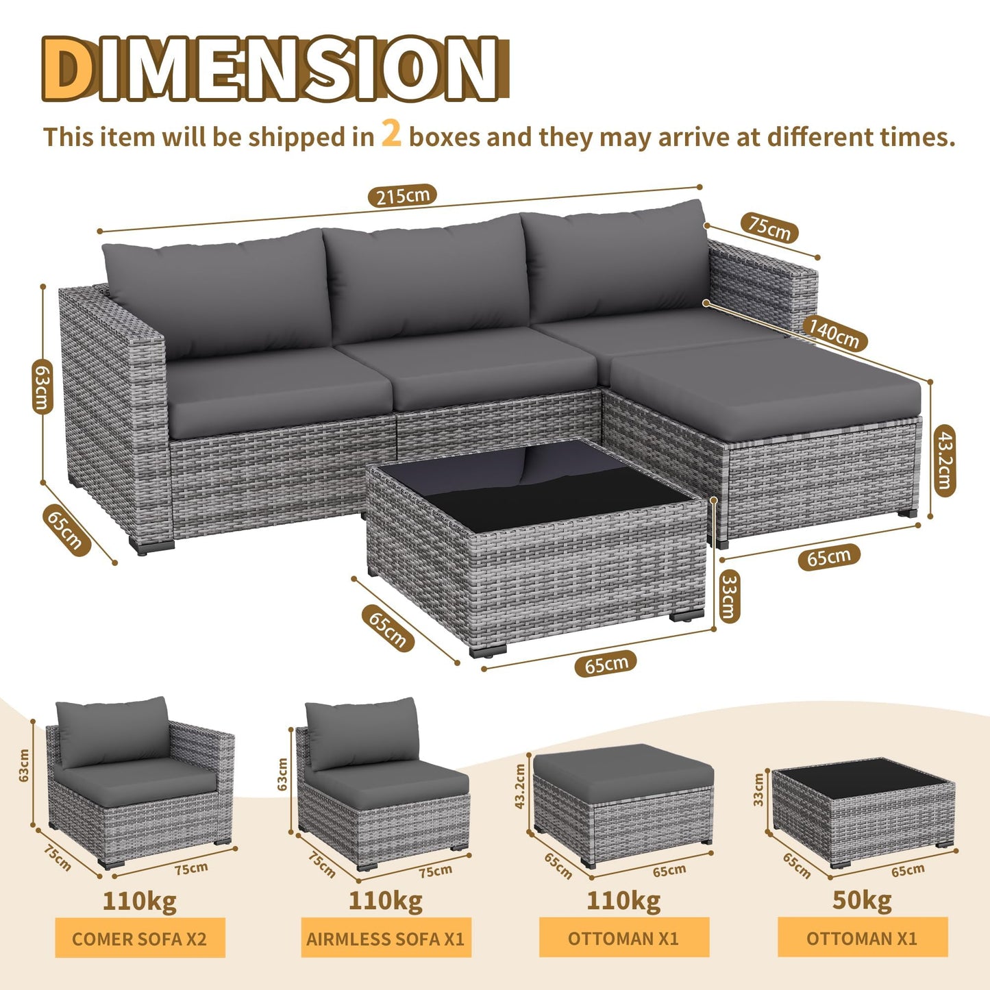 UDPATIO Lounge Gartenmöbel Set mit 3er Gartensofa, Hocker & Beistelltisch, Poly Rattan Balkonmöbel 4 Personen mit Kissen, Balkon Möbel Wetterfest, Gartenlounge für Garten, Terrasse, Outdoor, Grau