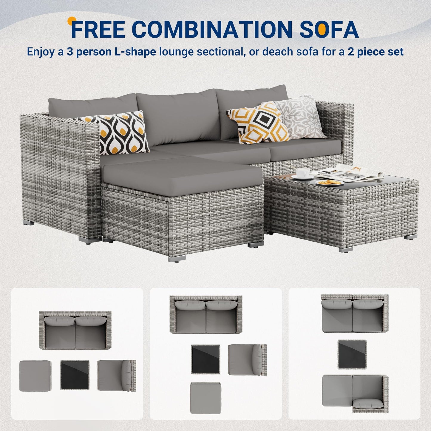 UDPATIO Lounge Gartenmöbel Set mit 3er Gartensofa, Hocker & Beistelltisch, Poly Rattan Balkonmöbel 4 Personen mit Kissen, Balkon Möbel Wetterfest, Gartenlounge für Garten, Terrasse, Outdoor, Grau