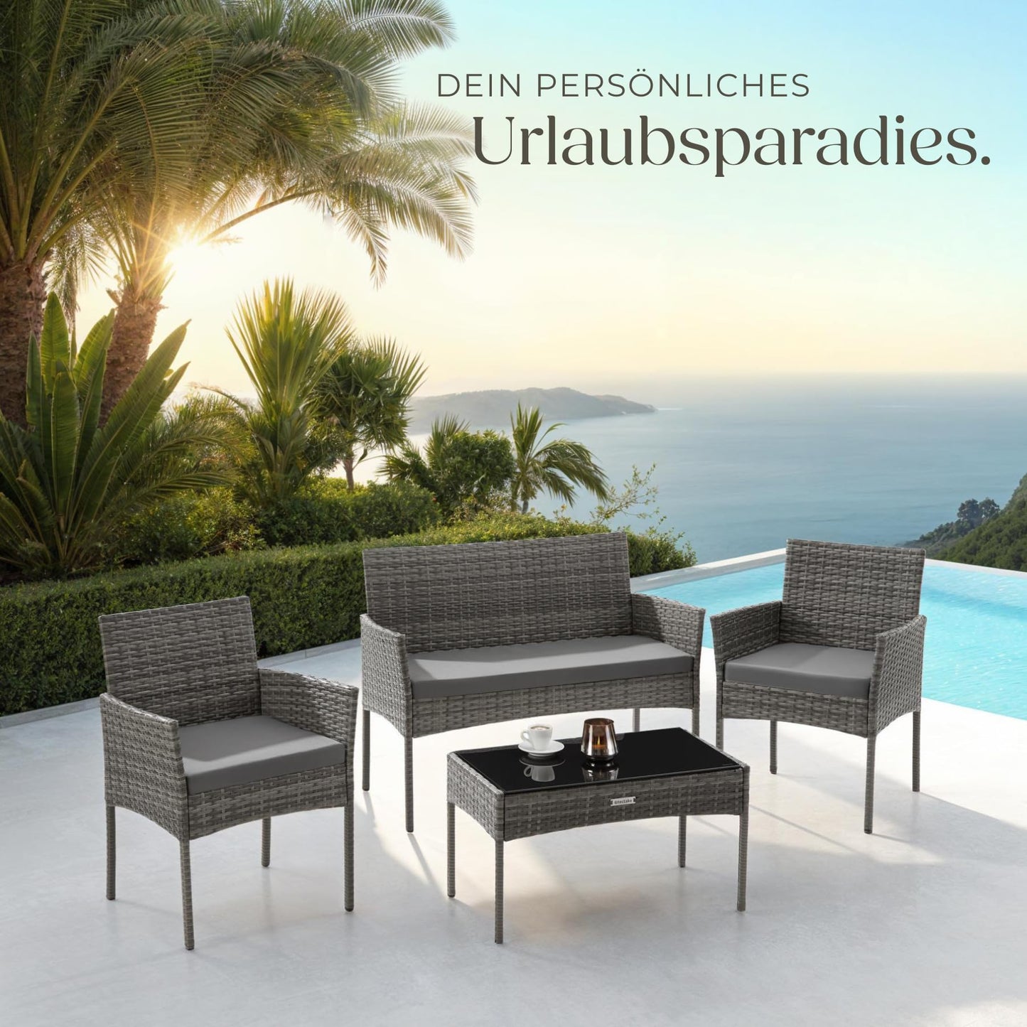 tectake® Rattan Gartenmöbel Set, Outdoor Lounge Möbel,1x Gartenbank, 2X Stuhl, 1x Balkontisch, mit Outdoor Kissen wetterfest, Balkonmöbel Kleiner Balkon, Lounge Gartenmöbel, Terrassenmöbel - grau