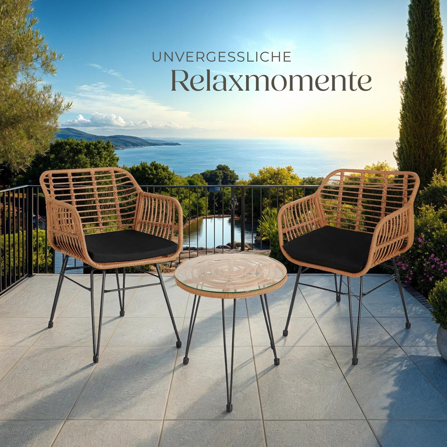 tectake® Rattan Sitzgruppe 3-teilig – Balkonmöbel Set für 2 Personen mit Tisch & Stühlen, Wetterfest & platzsparend, Natur